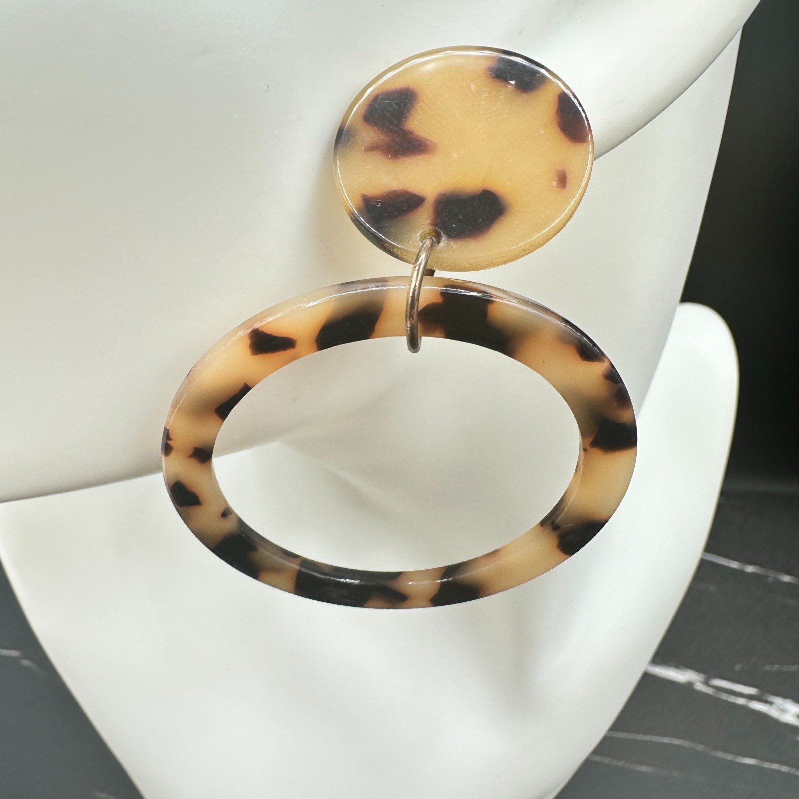 Vintage Tortoiseshell Drop Dangle Earrings Plastic Resin Acrylic Statement Brown