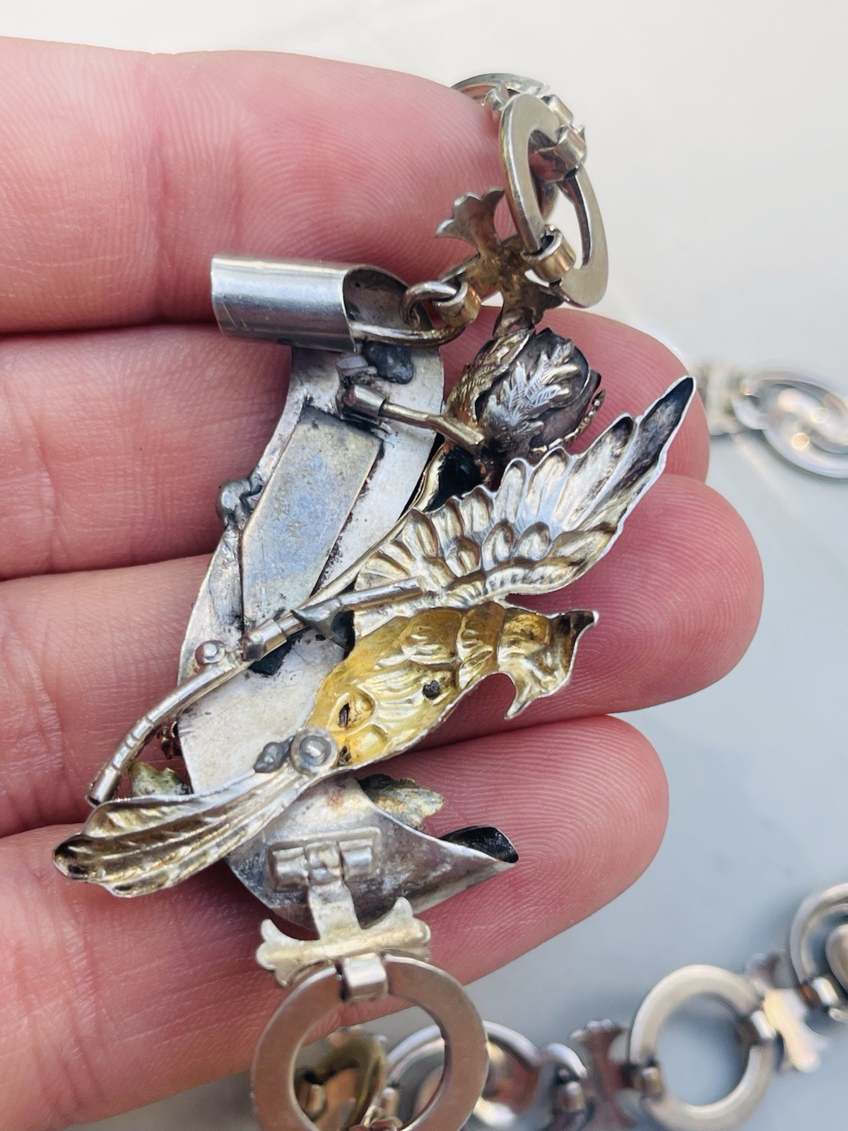 Antique Victorian Sterling Silver Vermeil Bird Turquoise Necklace