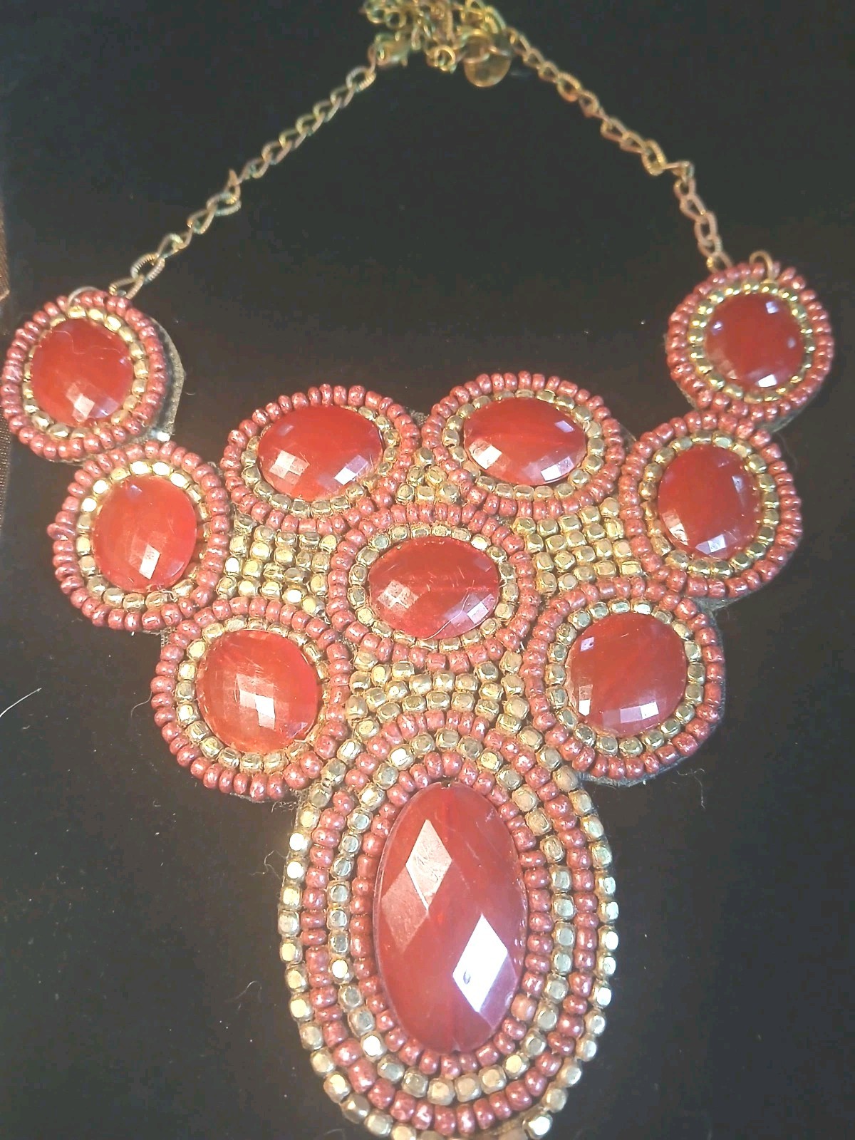 Vintage ZAD Necklace Bold Red Beads Gold Tone Boho Adjustable Signed 11-12 in
