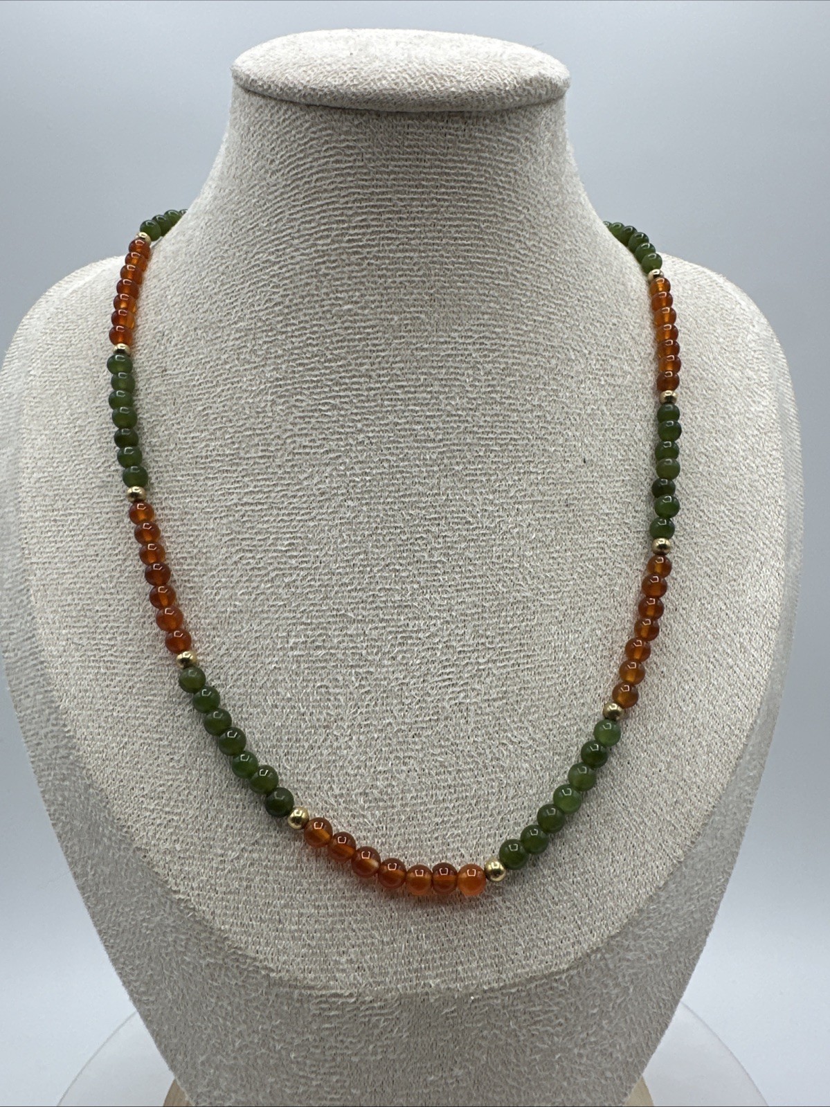 Vtg Jade Carnelian Gold Filled Beads Necklace Choker. 17” long. See pics.