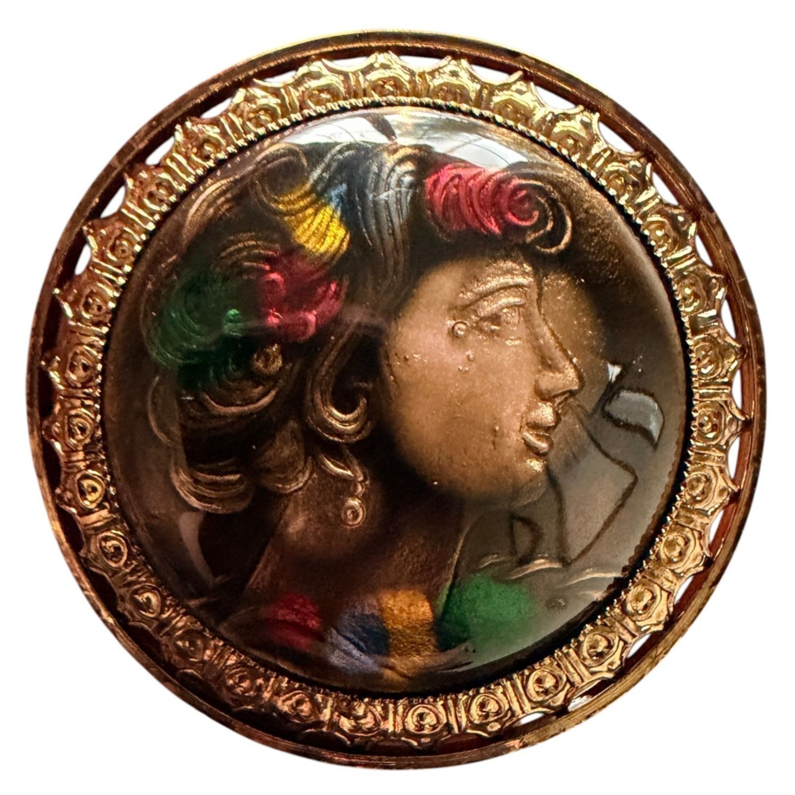 Vintage 1950s Reverse Carved Lucite Renaissance Lady Brooch New Old Stock