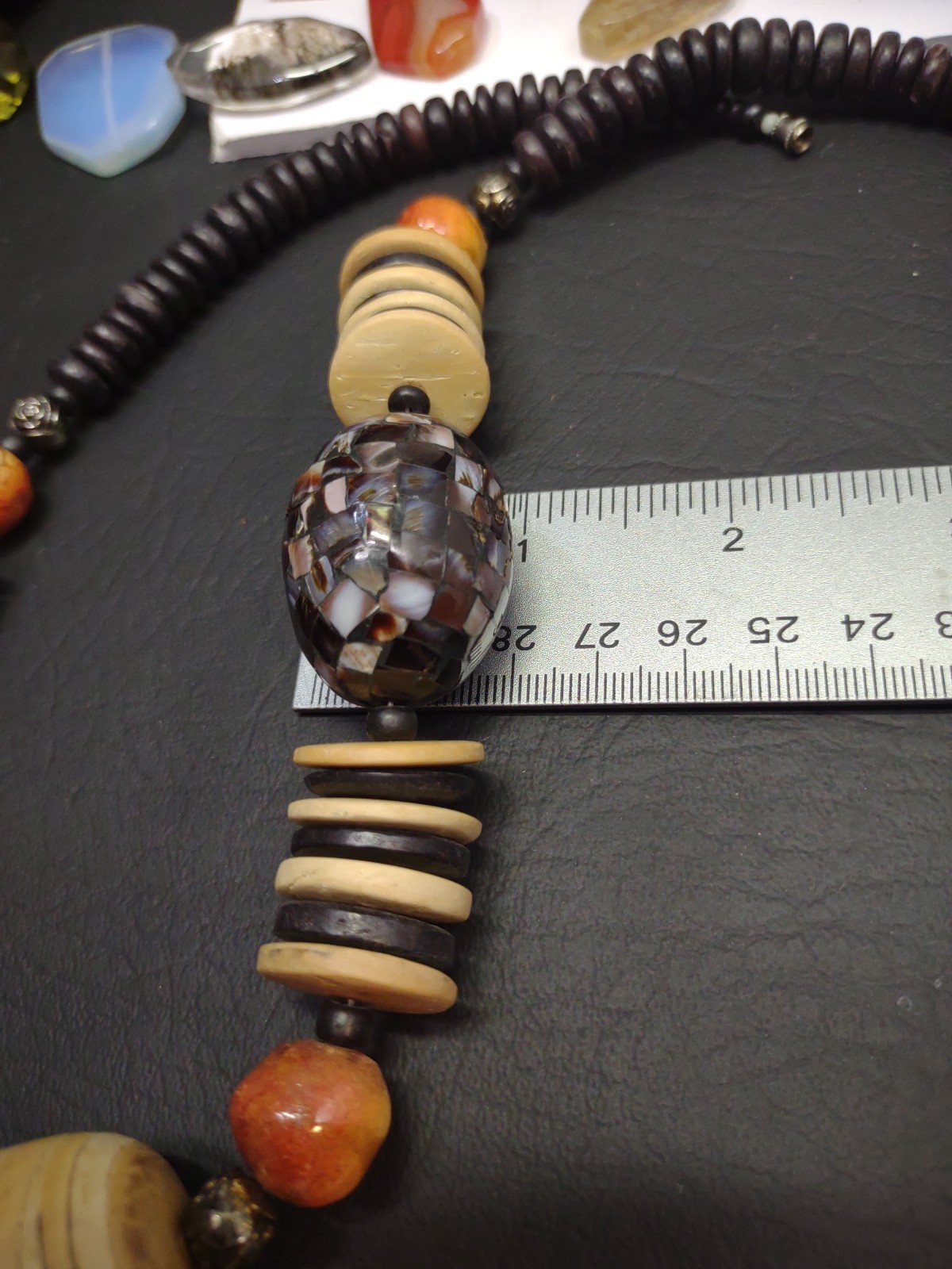 Vgt NEEDS REPAIR Boho Chunky Wooden Inlaid Abalone Shell Mosaic Beaded Necklace
