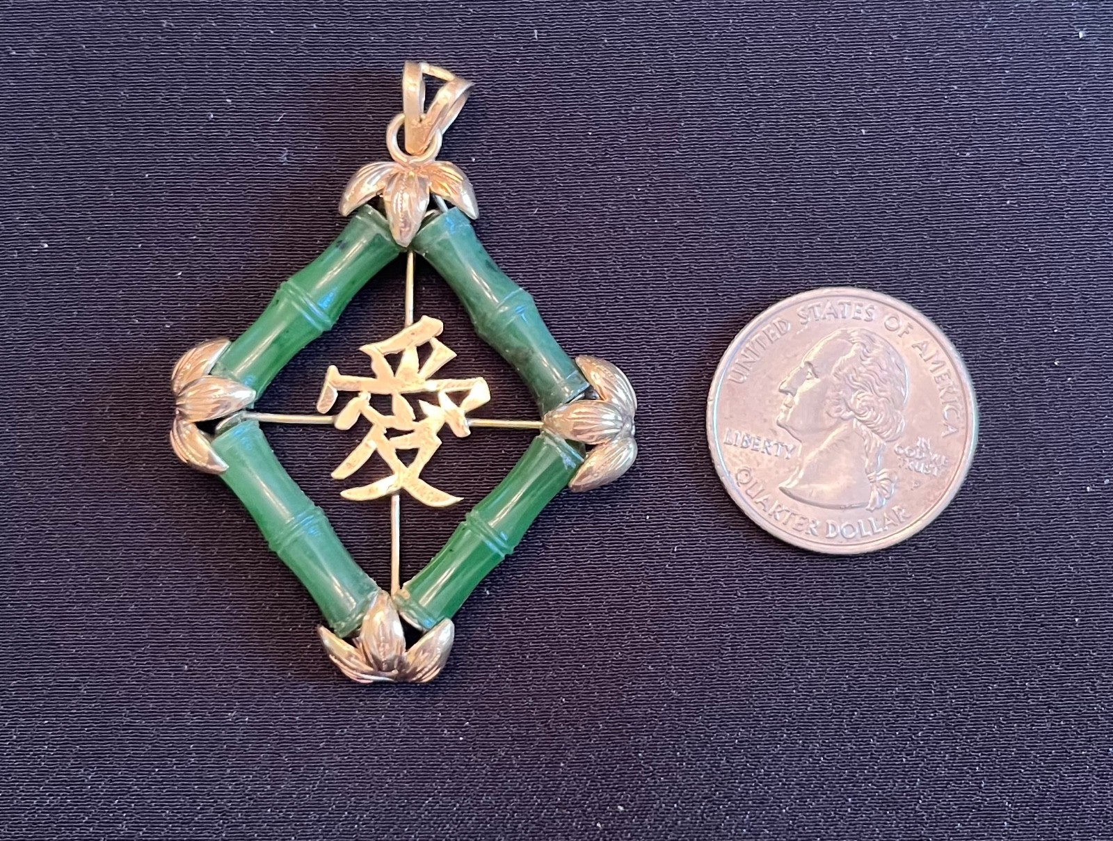 Vintage 14K Yellow Gold Exquisite Carved Bamboo Large Pendant,”Love” from Estate