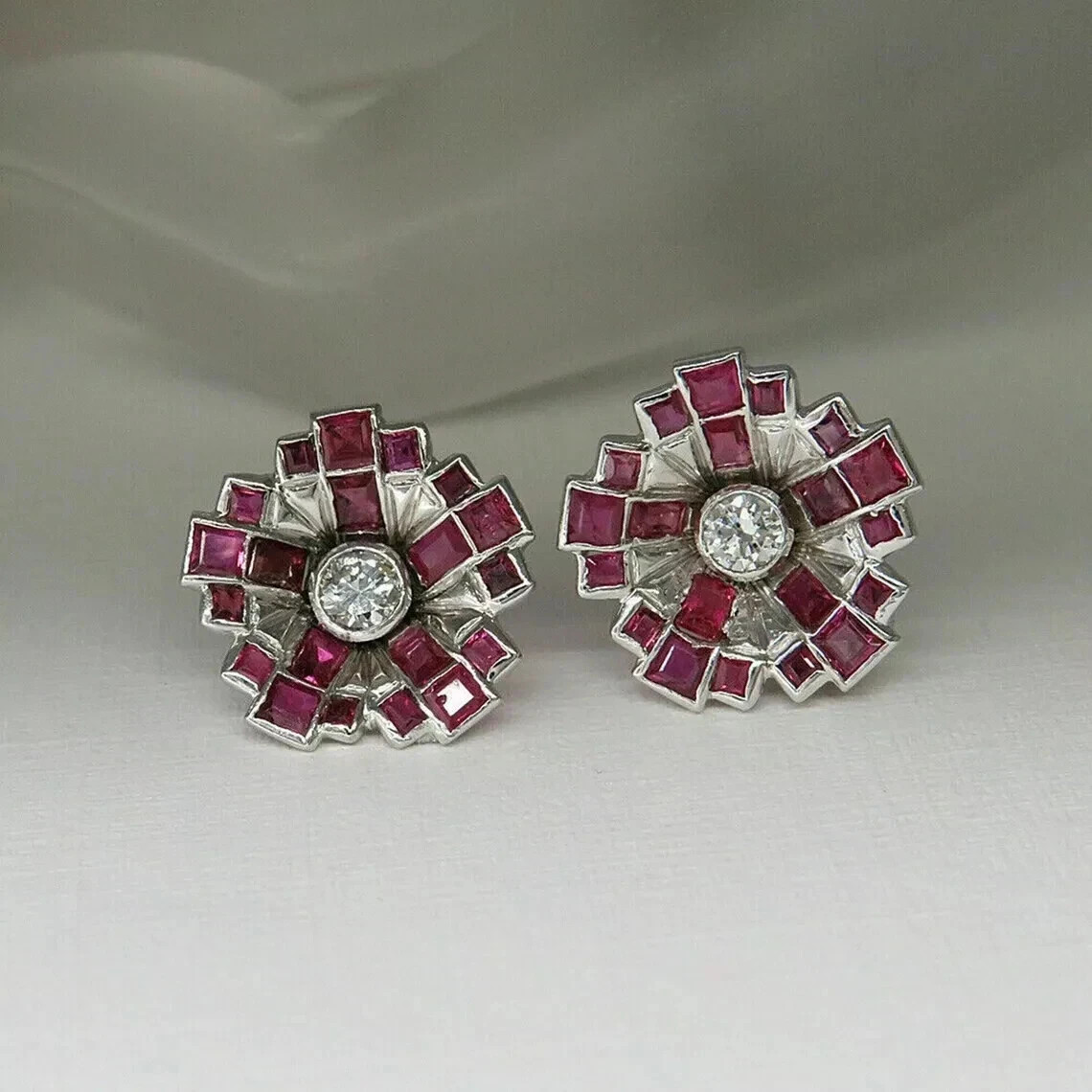 Art Deco Style Round Lab Created Diamond Ruby Wedding 14K White Gold FN Earrings
