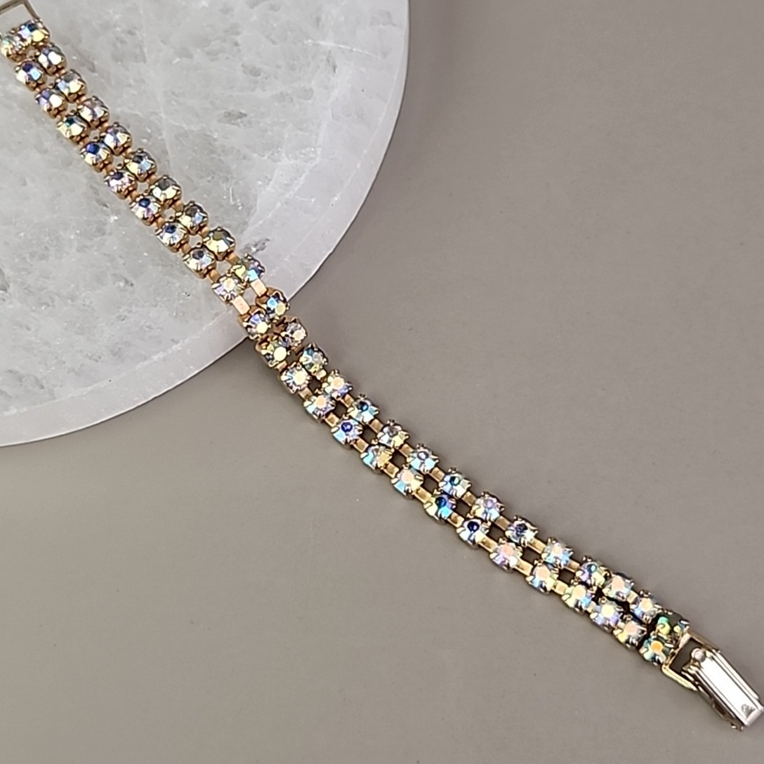 Vintage Aurora Borealis Rhinestone Bracelet Two Row 6.5″