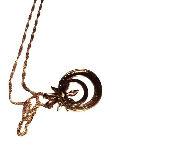Vintage Style Gold Tone Celestial Crescent Moon Flower Pendant Necklace Ruby Red