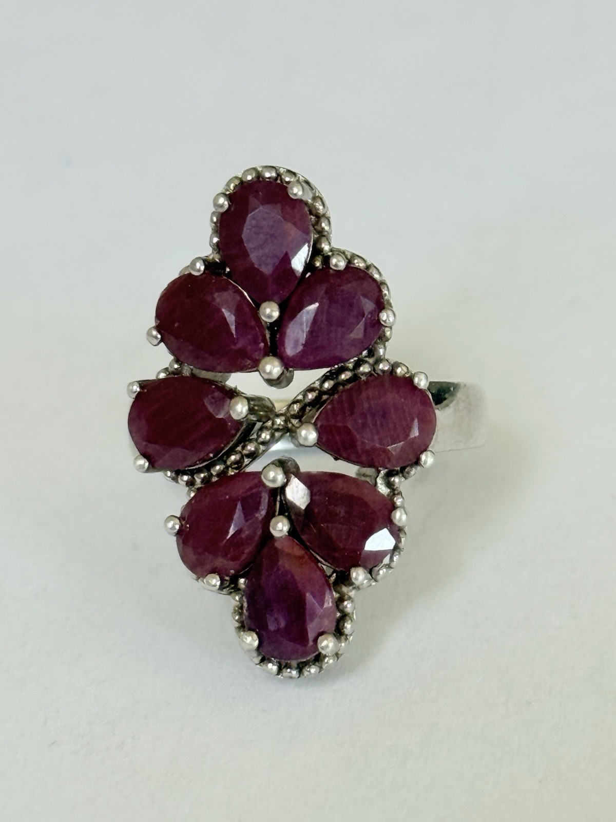 Vintage Designer Sterling Silver 925 Ruby Cluster Cocktail Ring Size 6
