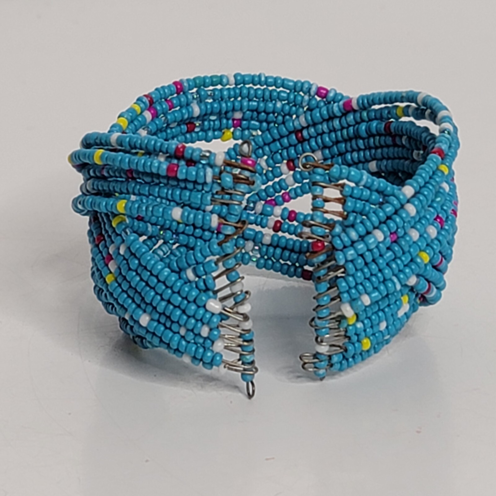 Wide Seed Bead Wrap Bracelet Open Cuff Blue Cultural Southwestern