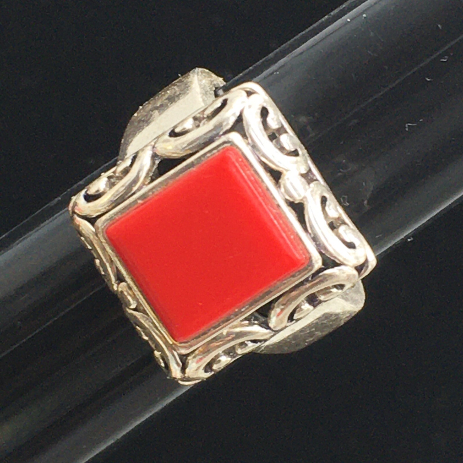 Red Stone Ring Sz 6.5 Silver Tone Scroll Accents Wide Band