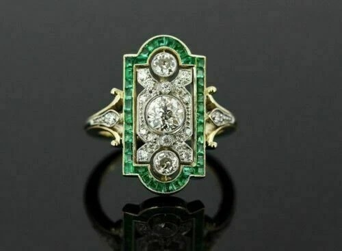 Art Deco 3CT Lab-Created Diamond Three-Stone Wedding 14K Yellow Gold Finish Ring