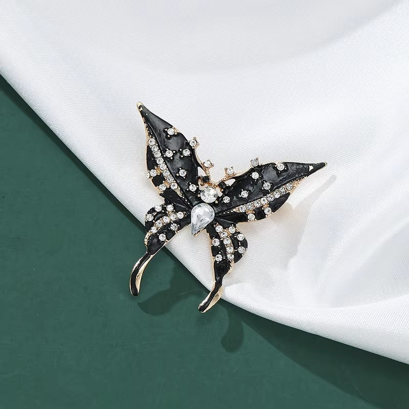 Vintage Black Enamel Butterfly Brooch Gold Tone Crystal Rhinestone Pin