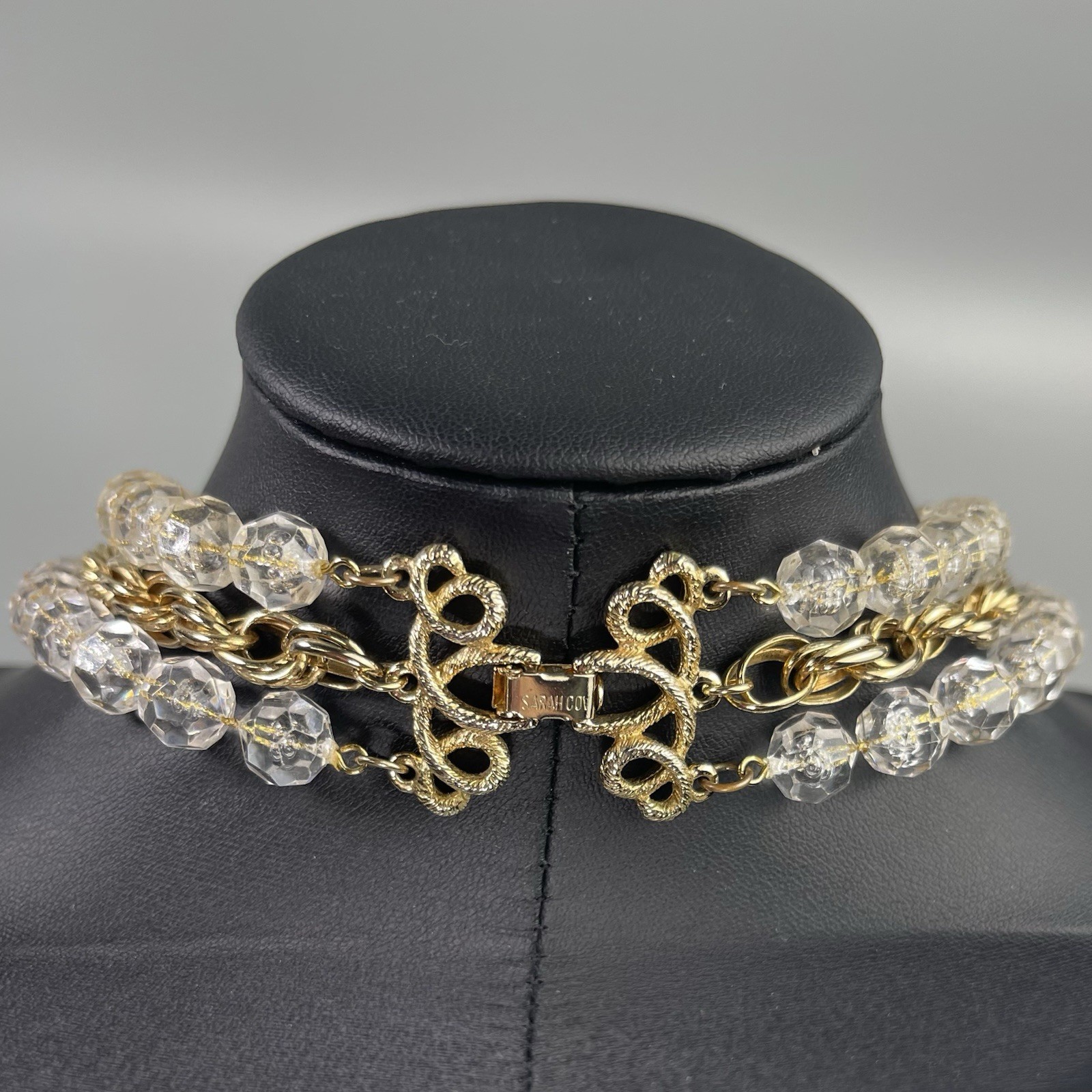 Sarah Coventry “Golden Ice” 3 Strand Clear Bead Gold Tone Necklace Signed 21”