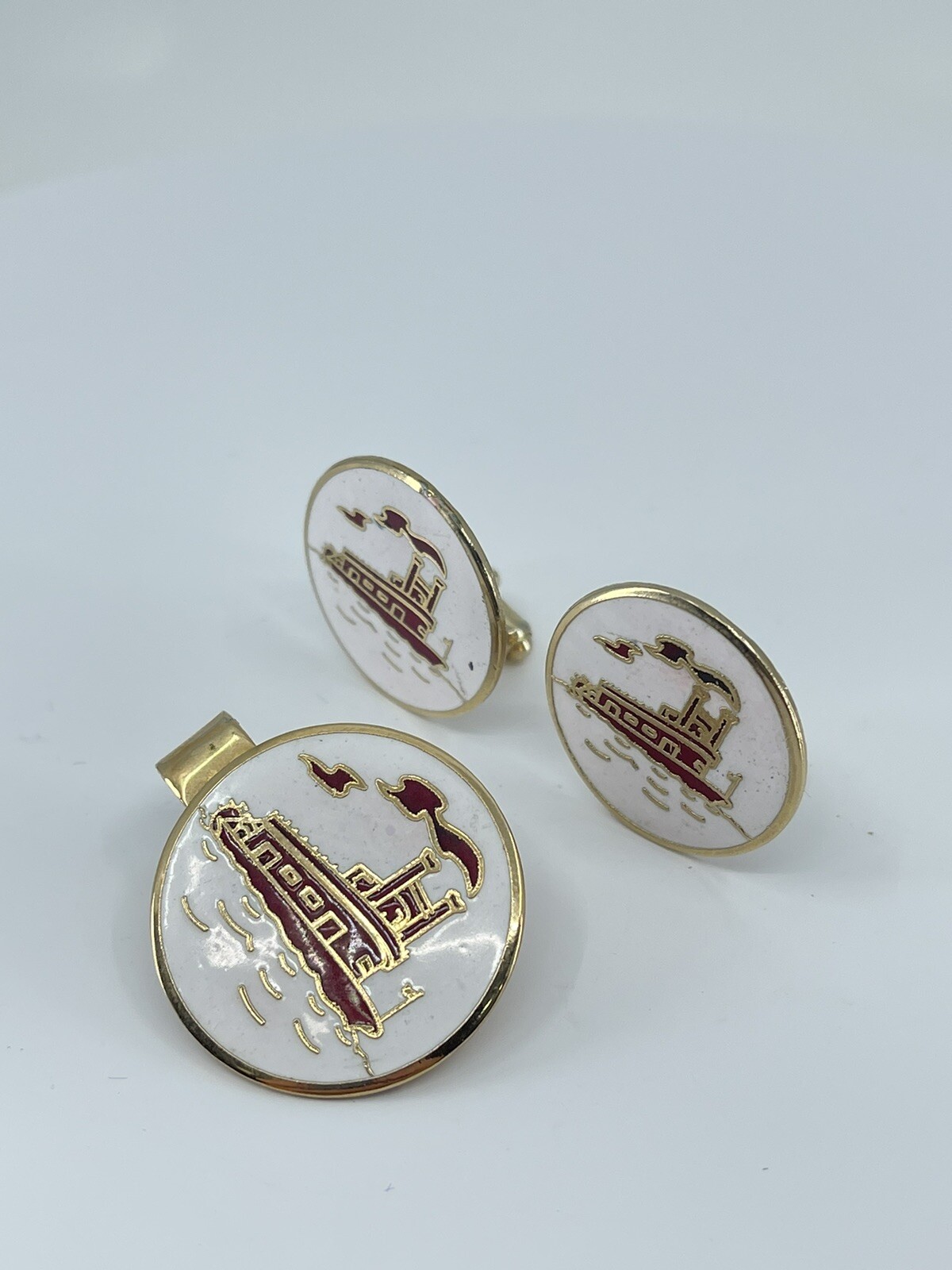 Mr Tara River boat cufflinks and tie clip set red gold white enamel 1″