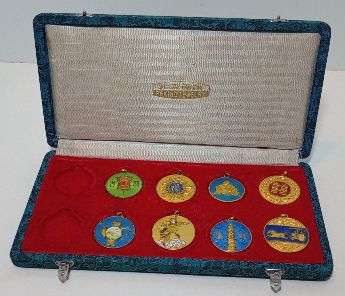 Chinese Peking Jewelry 8 Piece Enameled Pendant Set Original Box MISSING 2