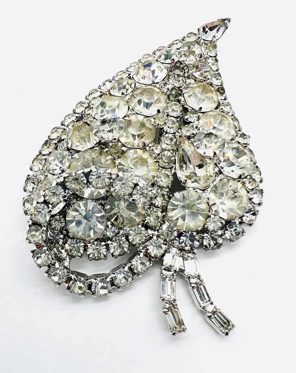 HUGE Sparkling Clear Rhinestone Stylized Fruit Brooch 3 1/4 Inch Vintage Jewelry
