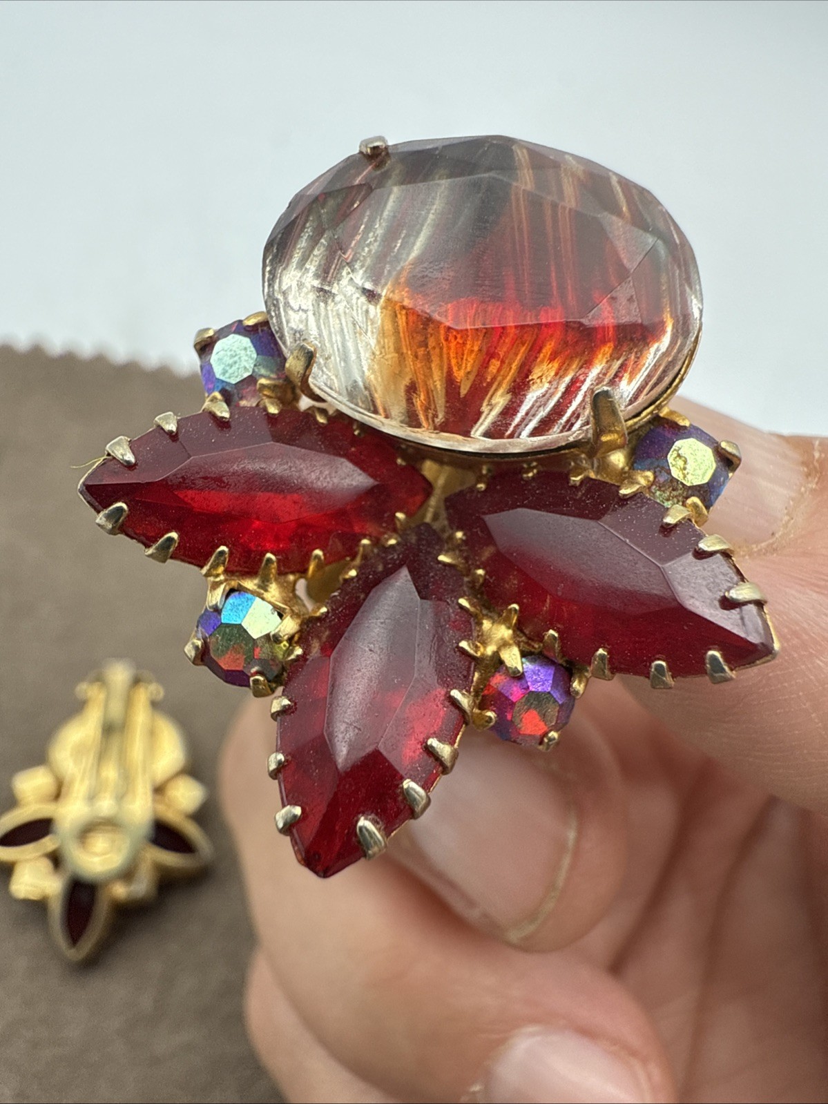Vintage Red Rhinestone Clip On Earrings Gold Tone Iridescent