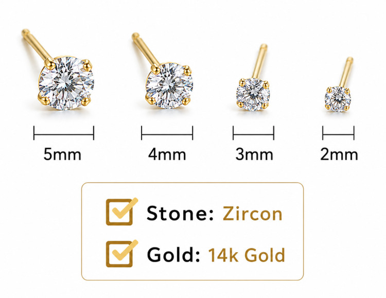 14K AU585 Gold Mini Zircon Stud Earrings Vintage 3mm Pairs