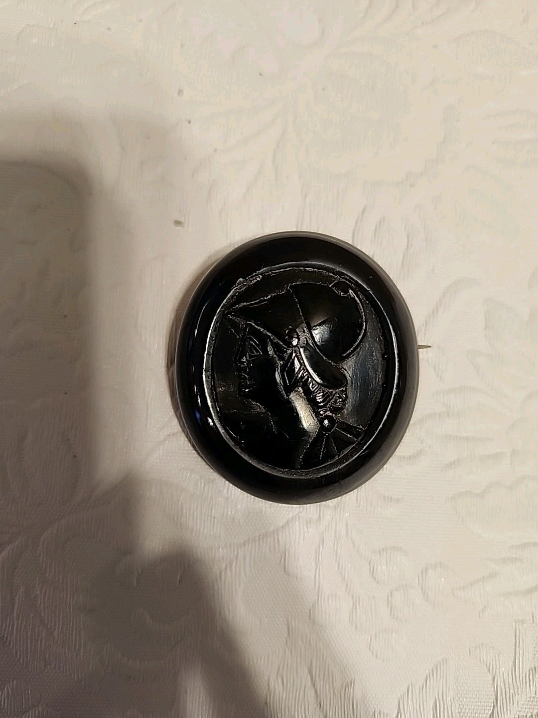Antique Victorian Black Jet Hand Carved Mourning Cameo Brooch 1800’s
