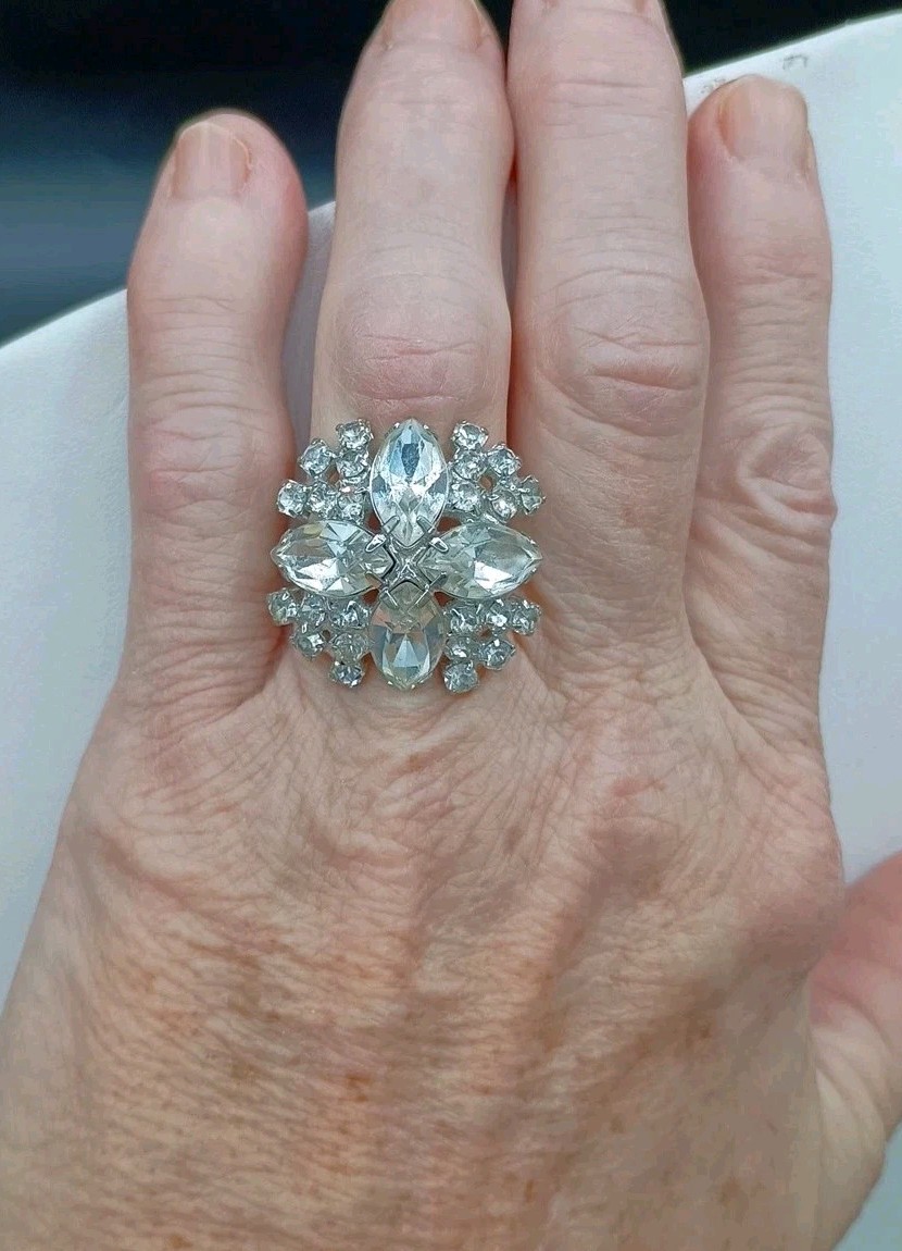Vintage Rhinestone Cross Ring Adjustable Chunky Statement Clear Sparkle Glam