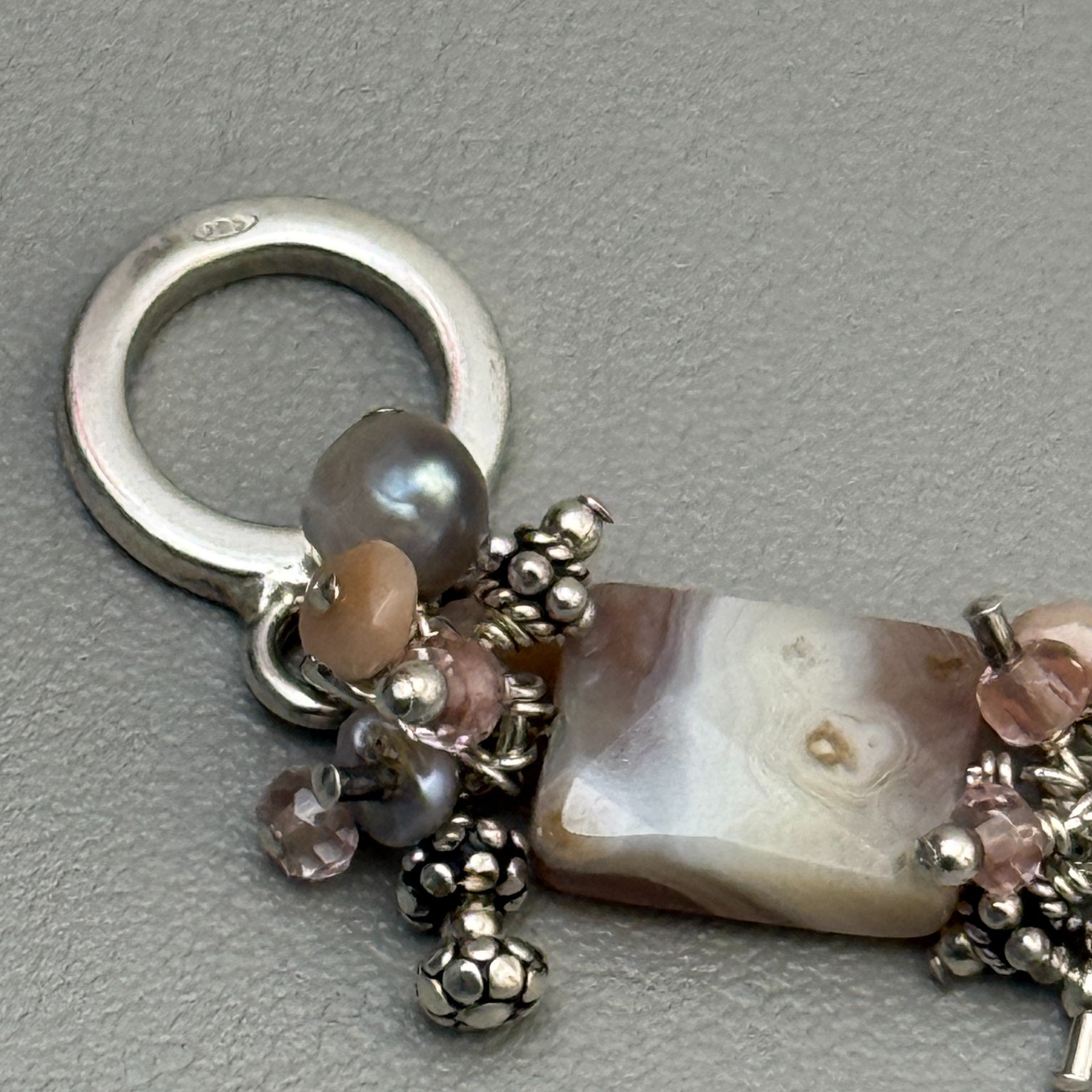 Artisan 925 Sterling Silver Banded Agate Pearl Bracelet Toggle Clasp 7″ Vintage