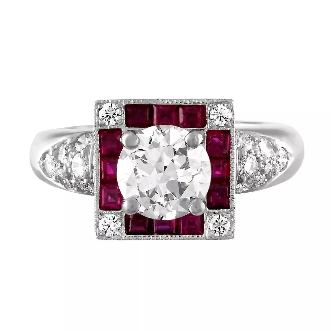 Art Deco Style Lab Created Diamond & Ruby 14K White Gold FN Engagement Ring