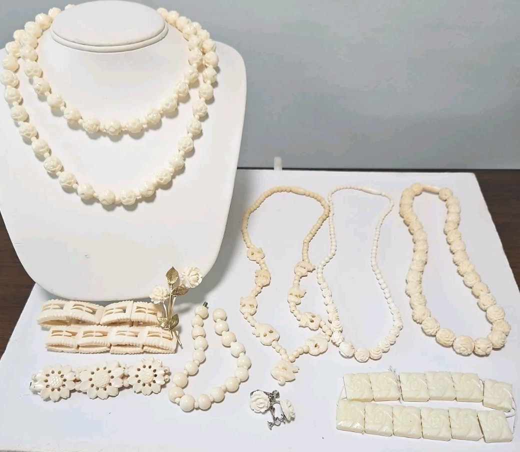 Vtg LOT Graduated Carved Rose Bead Elephant Necklaces Krememtz Rose Brooch ERs +