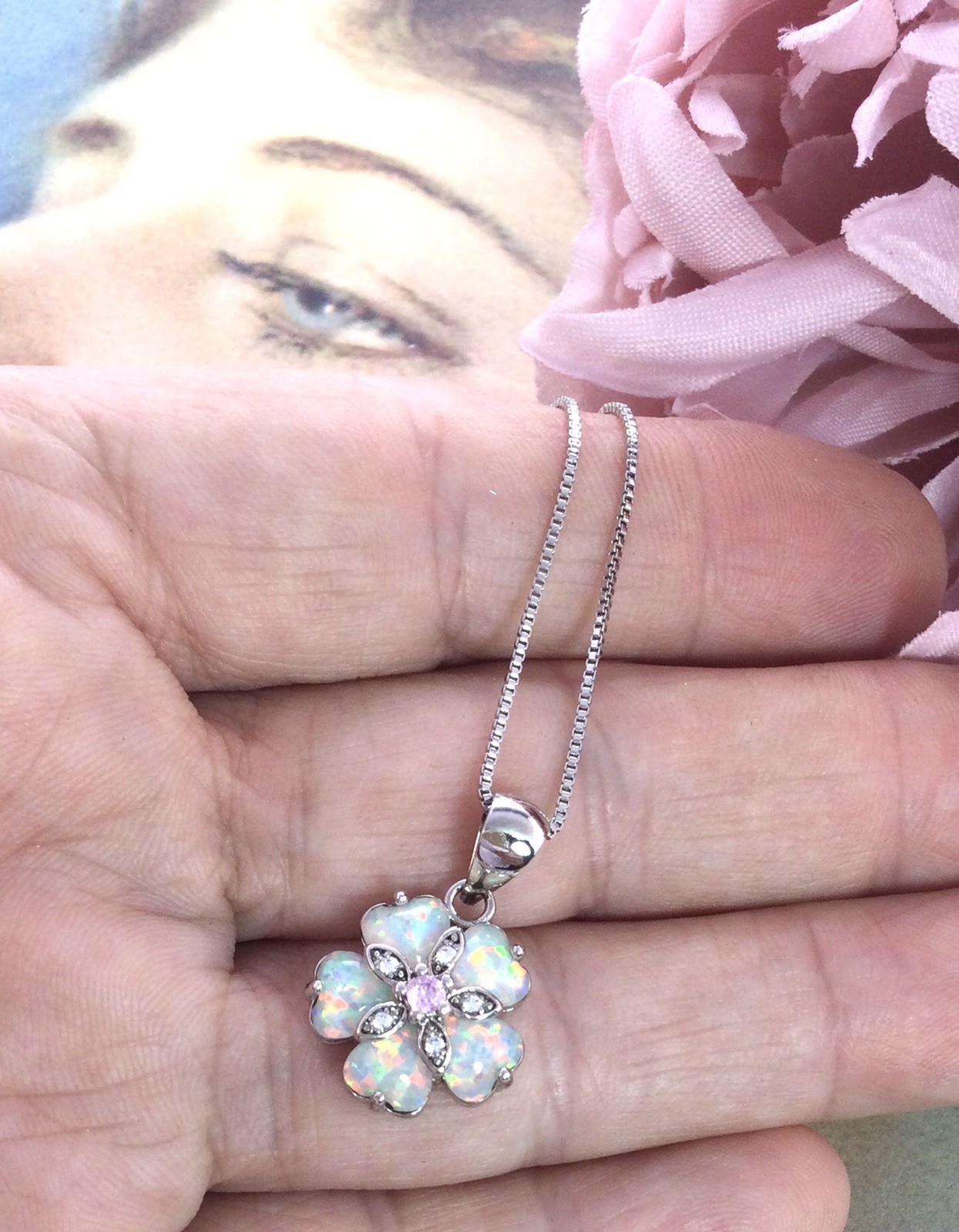 Vintage Jewellery Gold Necklace Blue Opal Sapphires Pendant Antique Deco Jewelry