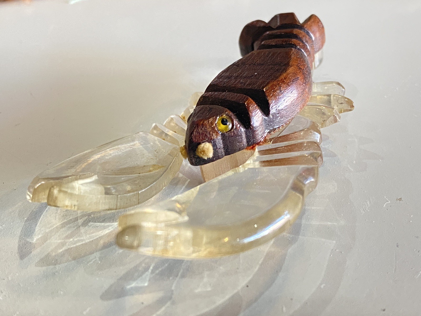 Vintage WWII Era Lucite Wood Lobster Figural Brooch Wartime Novelty Pin 1940s
