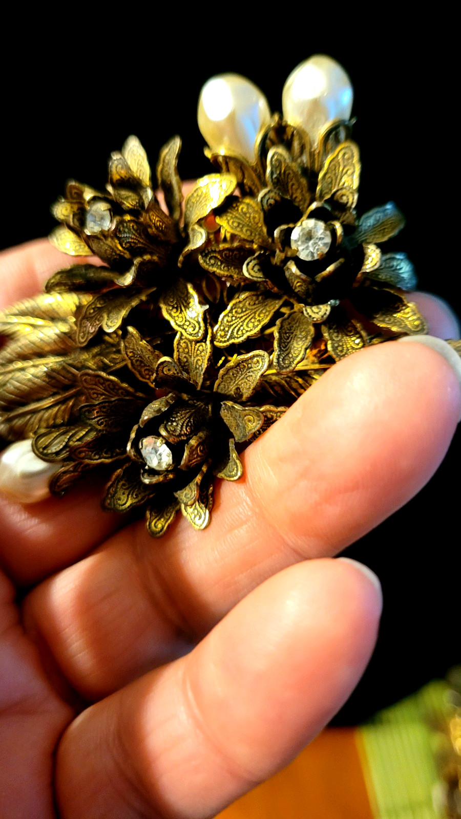 Vintage bronze color metal brooch pin, faux pearls and rhinestones, 2+3/4″ by 2″