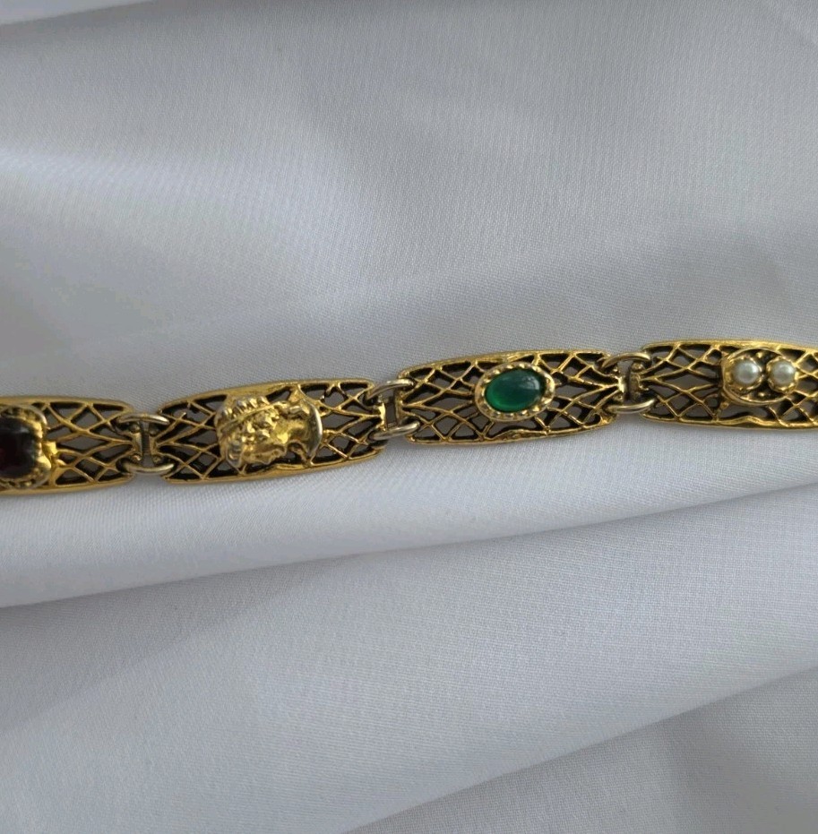 1960s Goldette NY Multi-Stone Gold Tone Bracelet 7.25″ Lattice Links