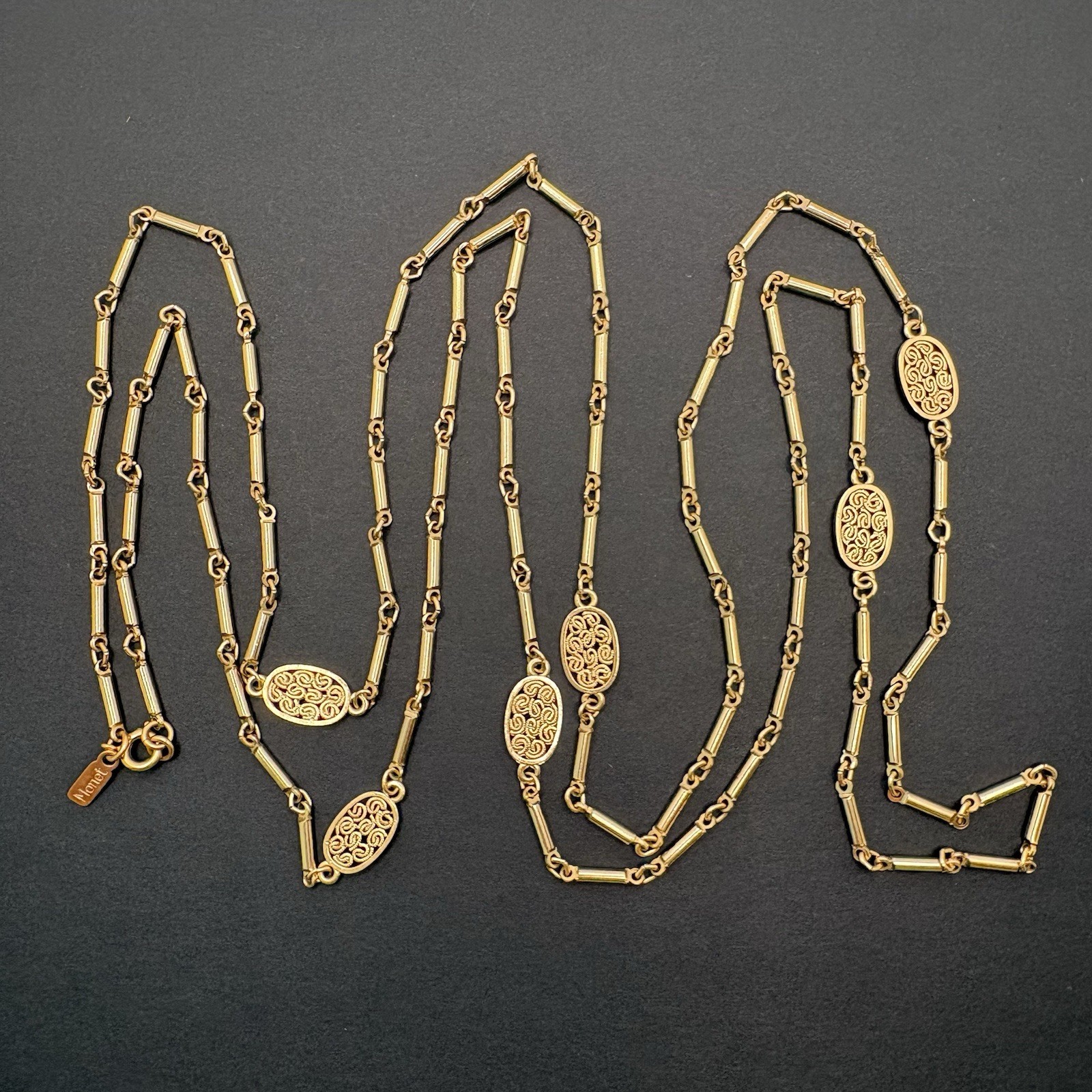 Vintage Monet Oval Filigree Station Bar Link Gold Tone Chain Necklace 57″ Long