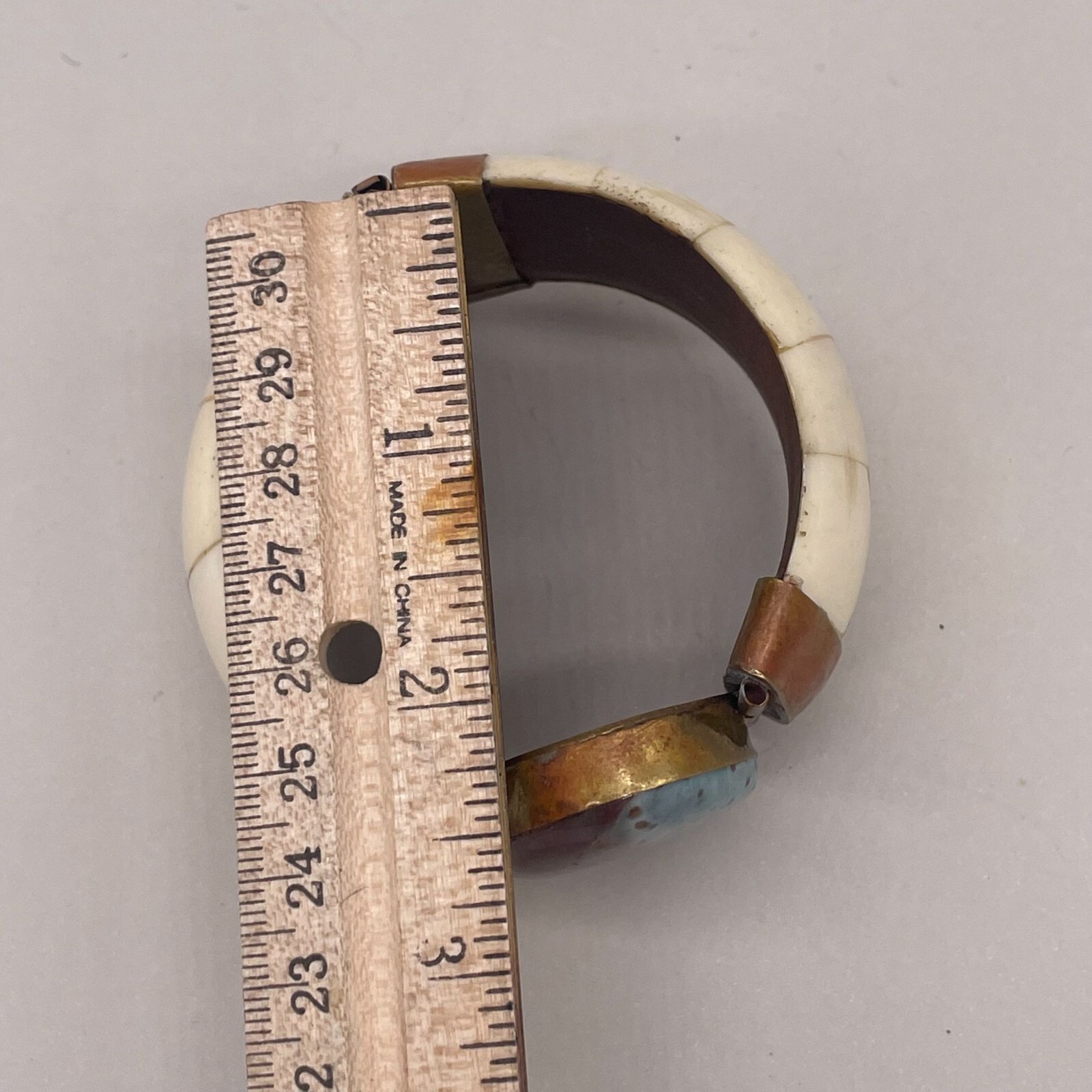 Vintage Brass Stone Wide Bangle Hinged Pin Bracelet Chunky African Tribal Ethnic