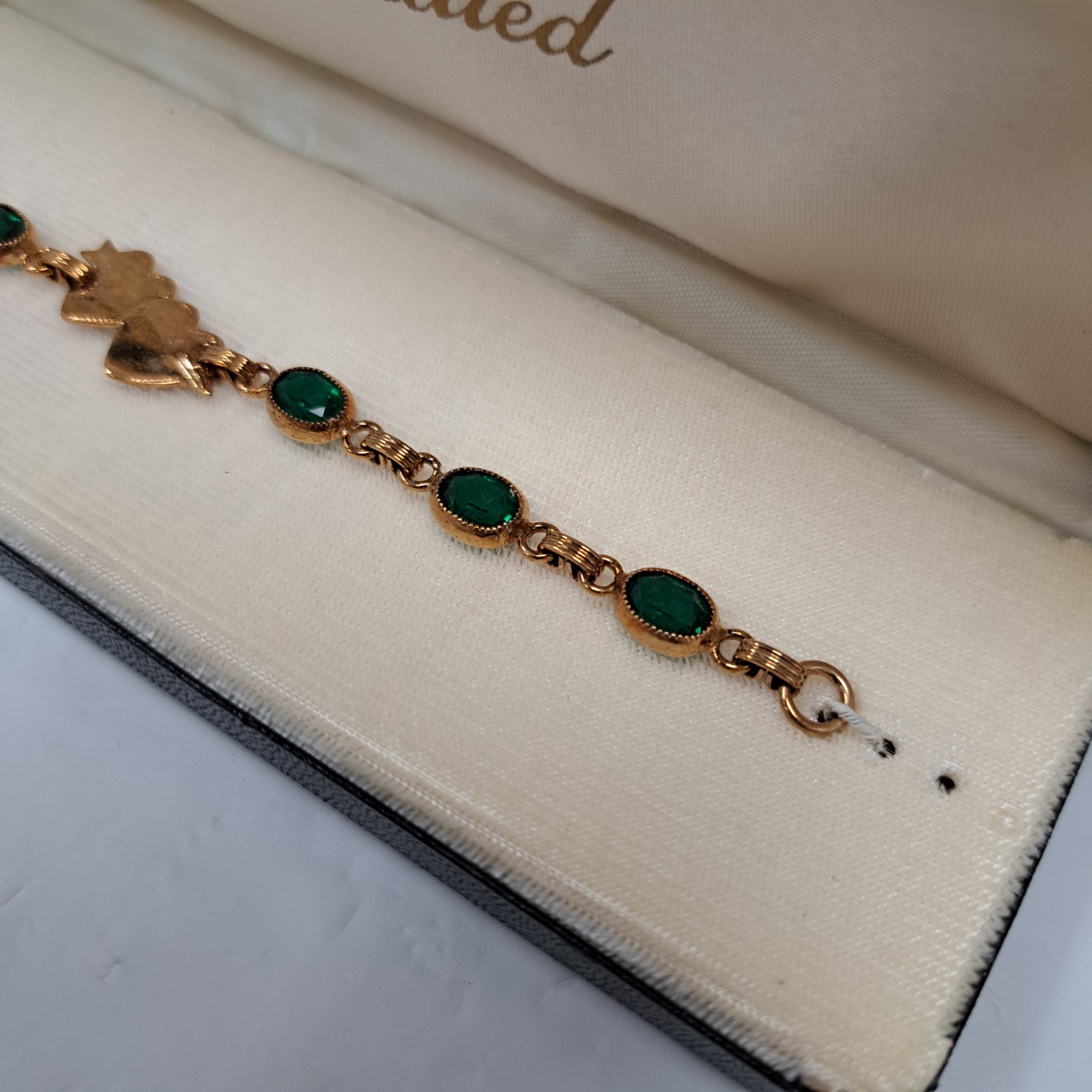 Vintage 6.5 In 12k Gold Filled Green Stone Double Heart Tennis Bracelet With Box