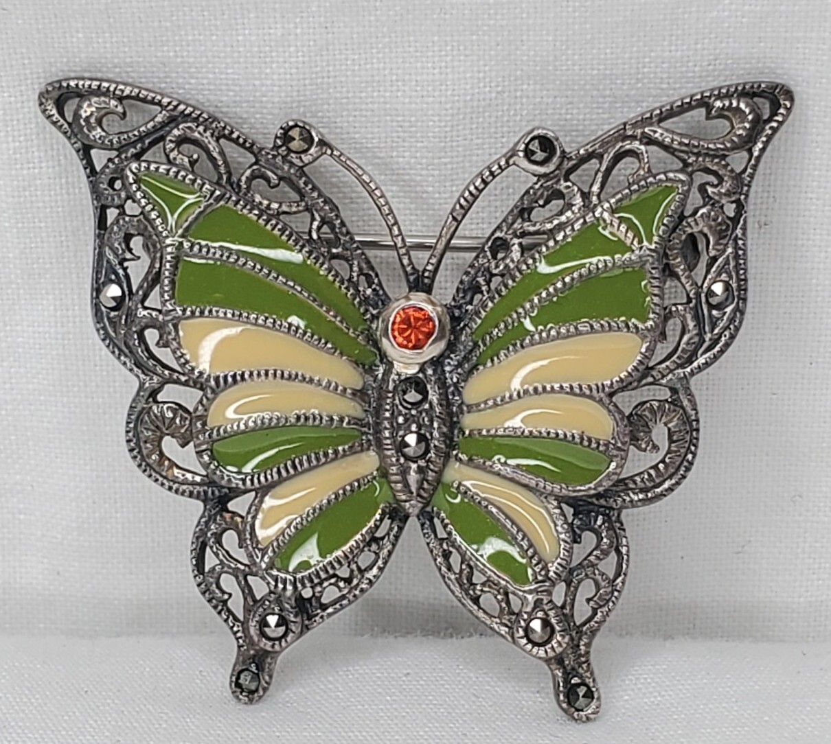 Vintage Sterling Silver Butterfly Brooch Green Yellow Enamel Wings Figural Pin