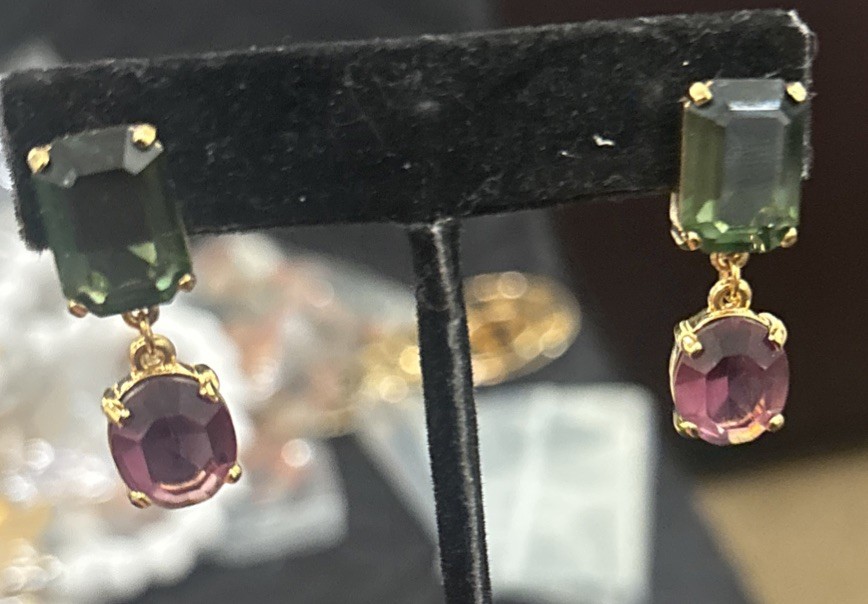 Swarovski Pierced Earrings Green & Purple Crystals Signed Dangle Fantastic