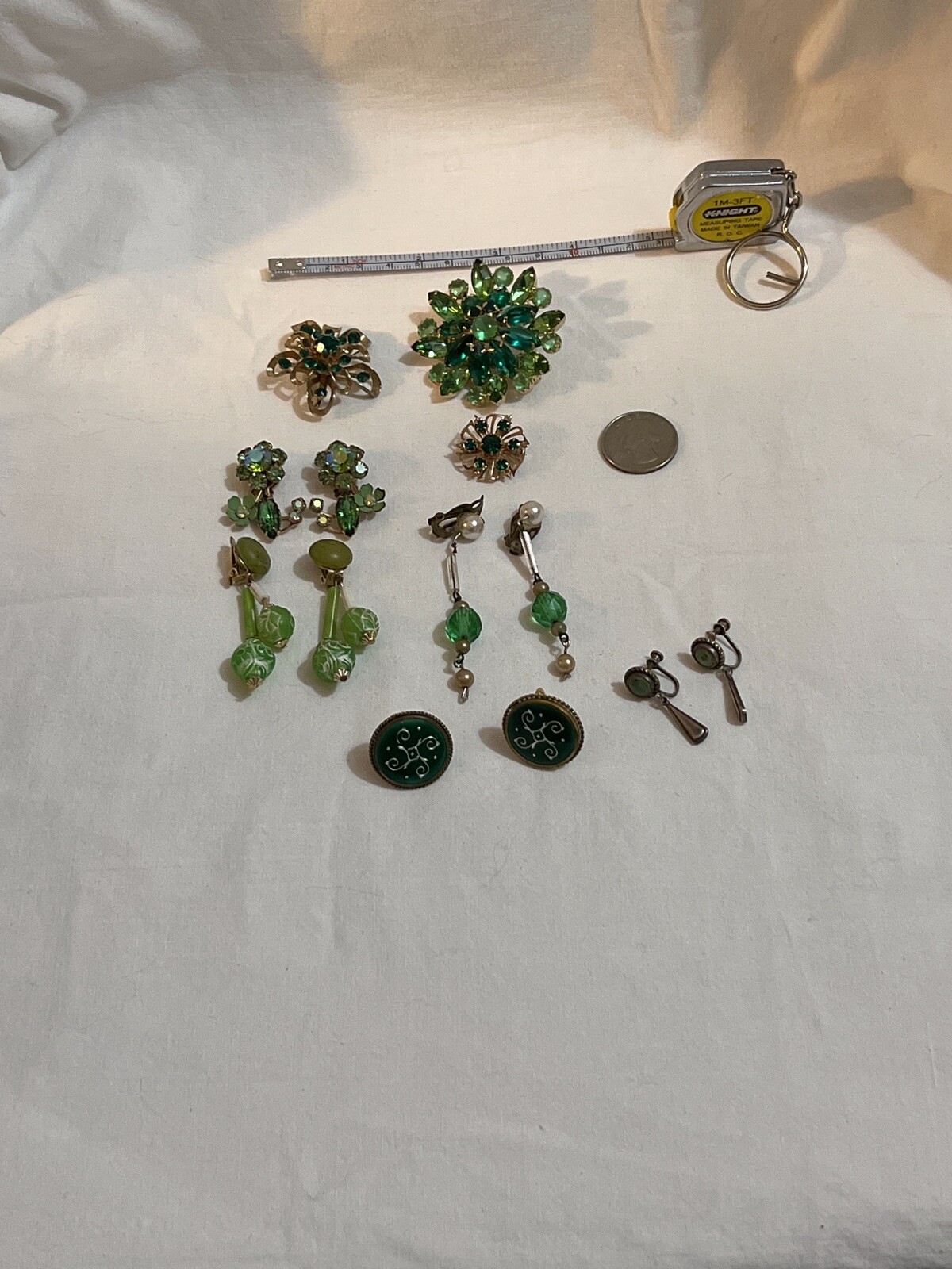 Vintage Green Costume Jewelry Lot Earrings, Pins, 12K GF Japan Hong Kong