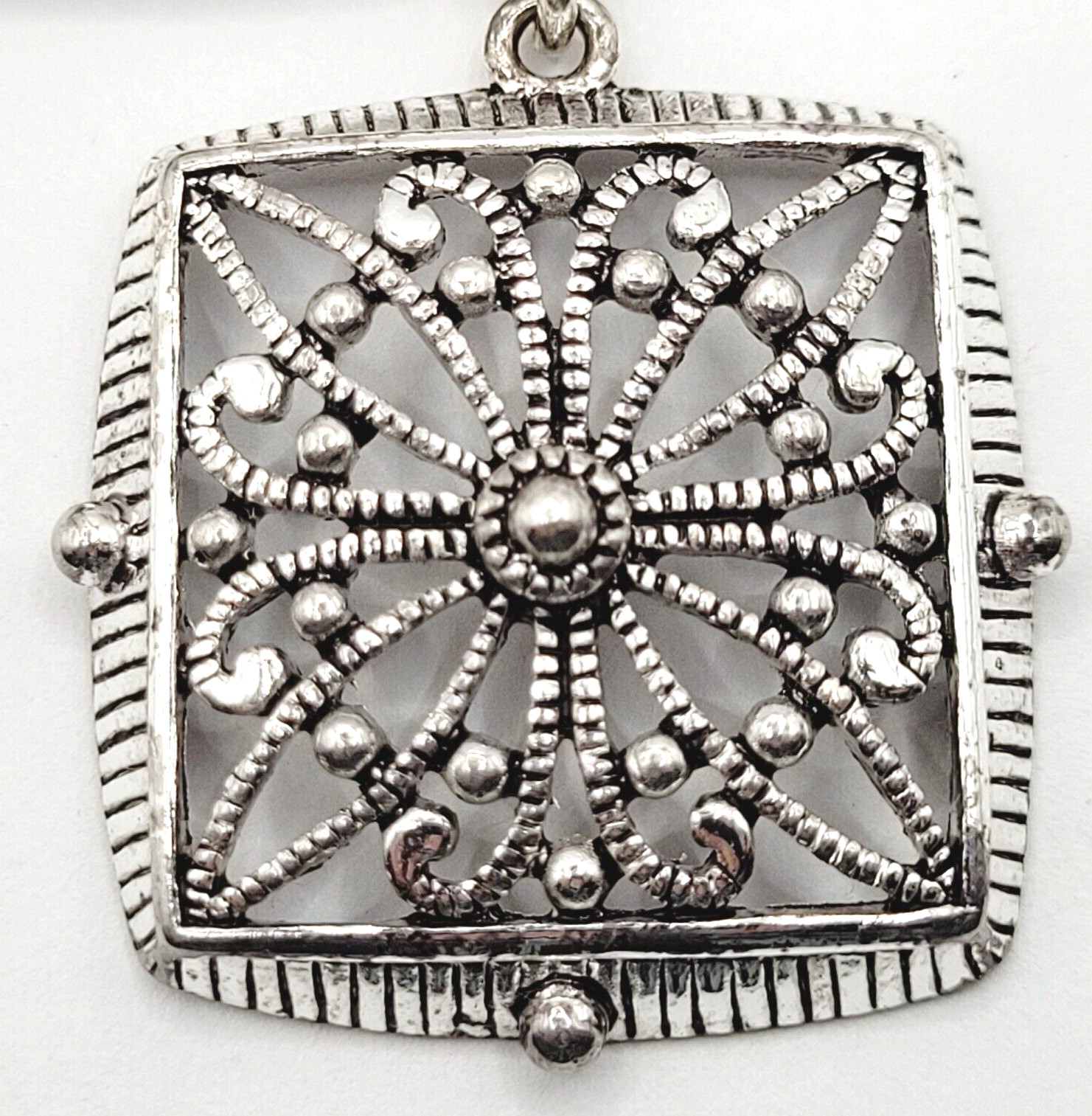 Napier Two Chain with Square Floral Filigree Ornate Silver Tone Pendant Necklace