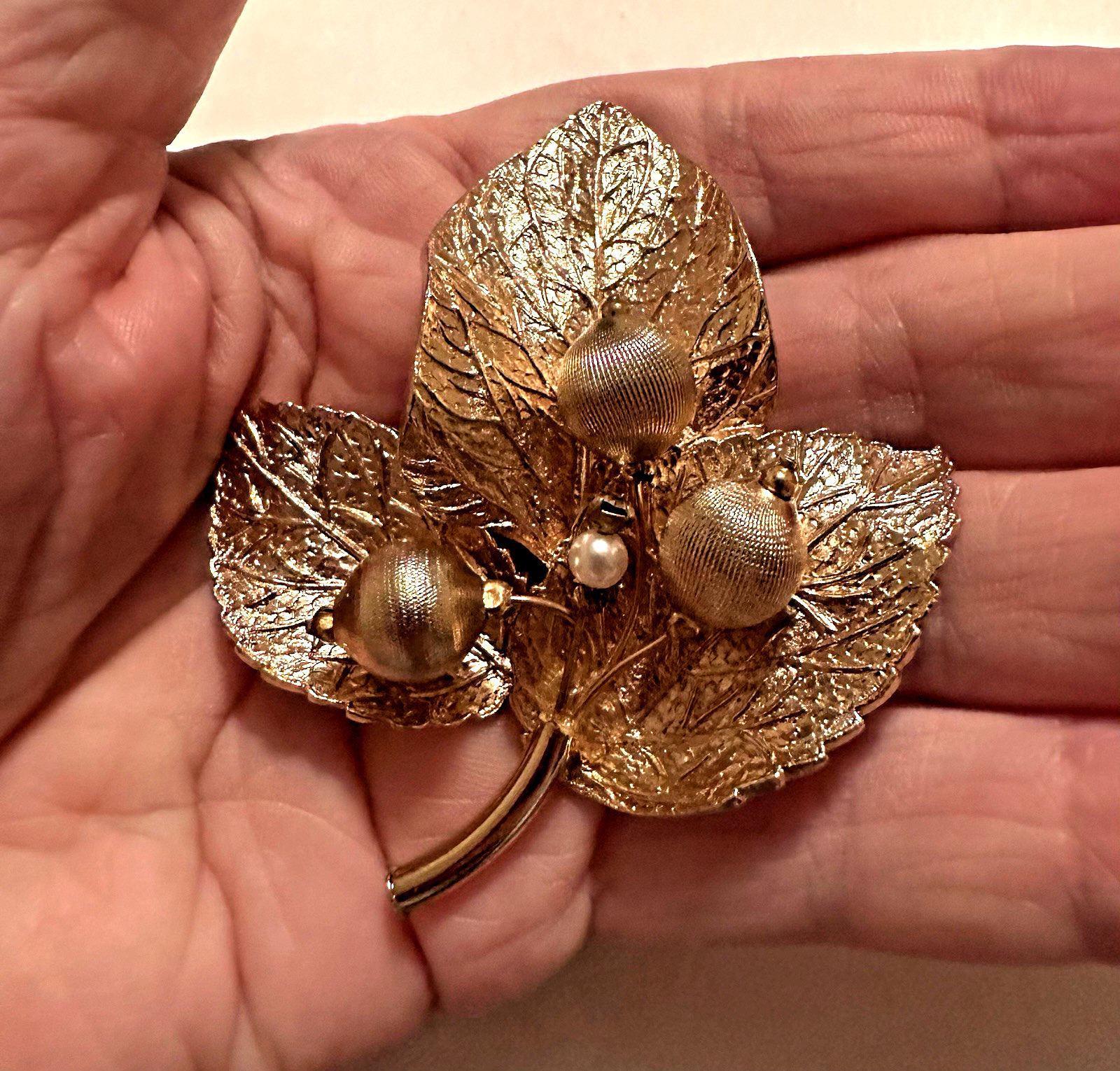 Vintage Signed Capri Gold Tone Acorn Leaf Brooch Pin Textured Leaves 2 5/8″