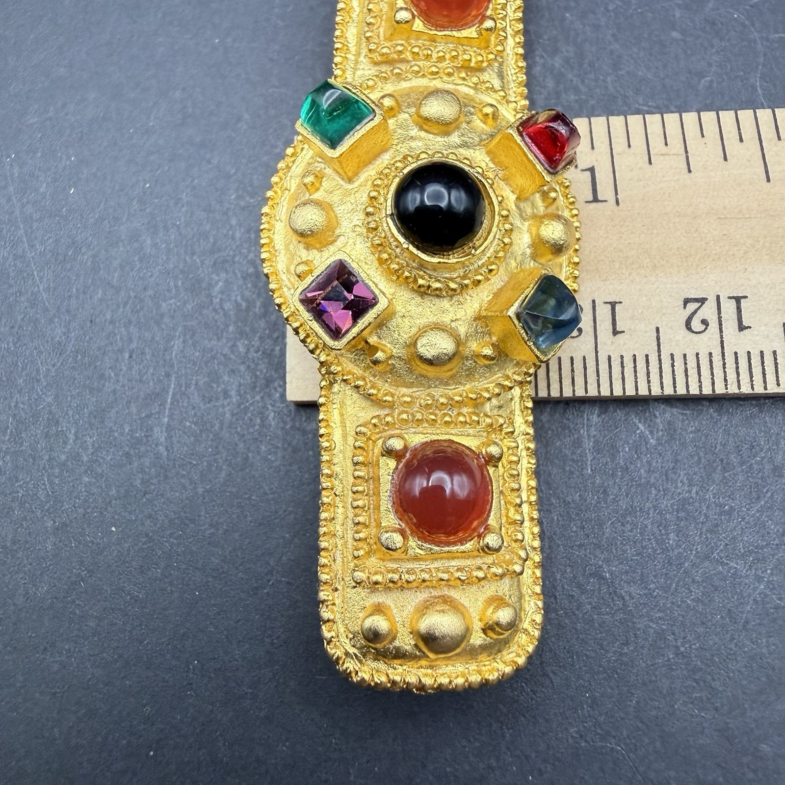 Vintage Gold Tone Multi-Color Cabochon & Faceted Glass Bar Brooch 2.5” Statement