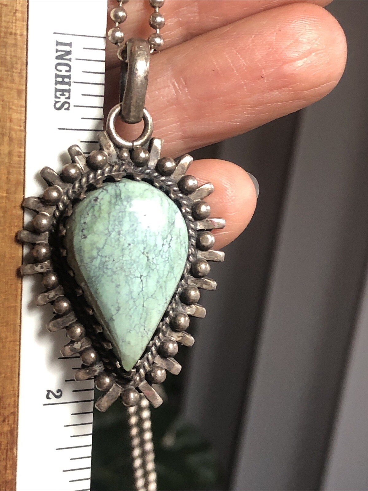 18. Sterling 925 Greenish Turquoise stone Ball link Chain Pendant Necklace 16″