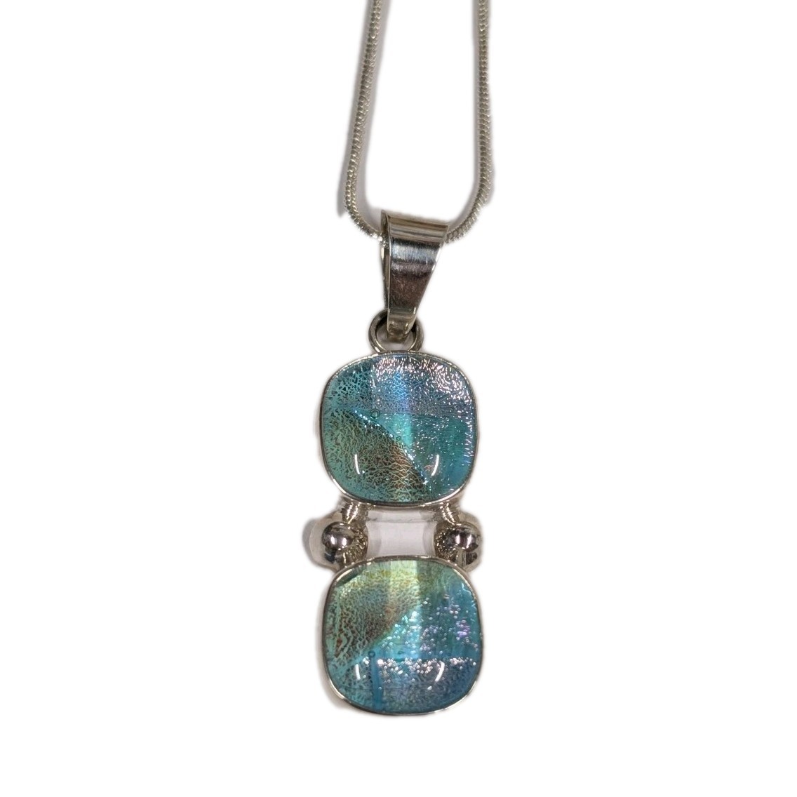 Vintage Sterling Silver Blue Dichroic Glass Pendant 1990s Handmade In Mexico
