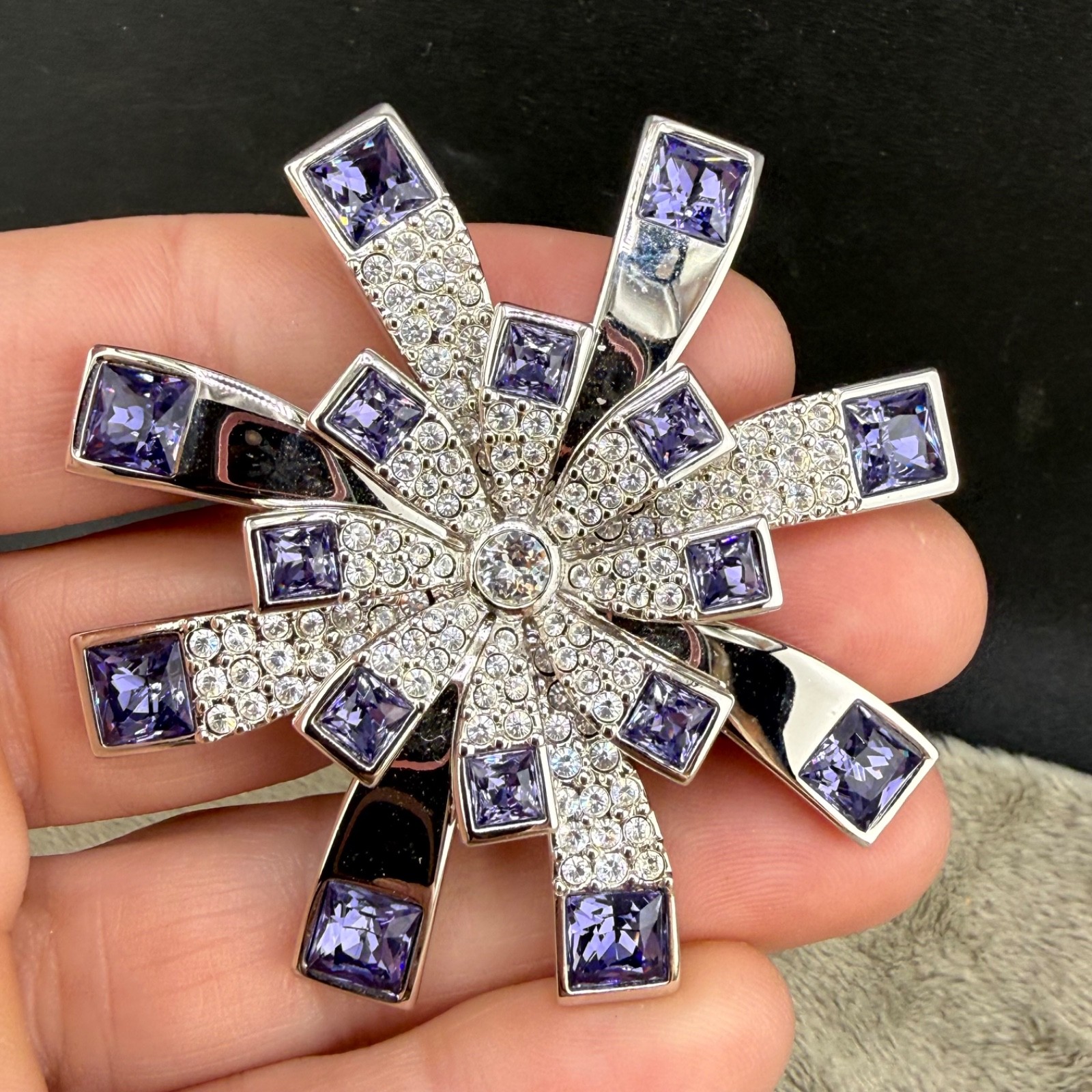 Vintage Swarovski Brooch Purple Starburst Silver Tone