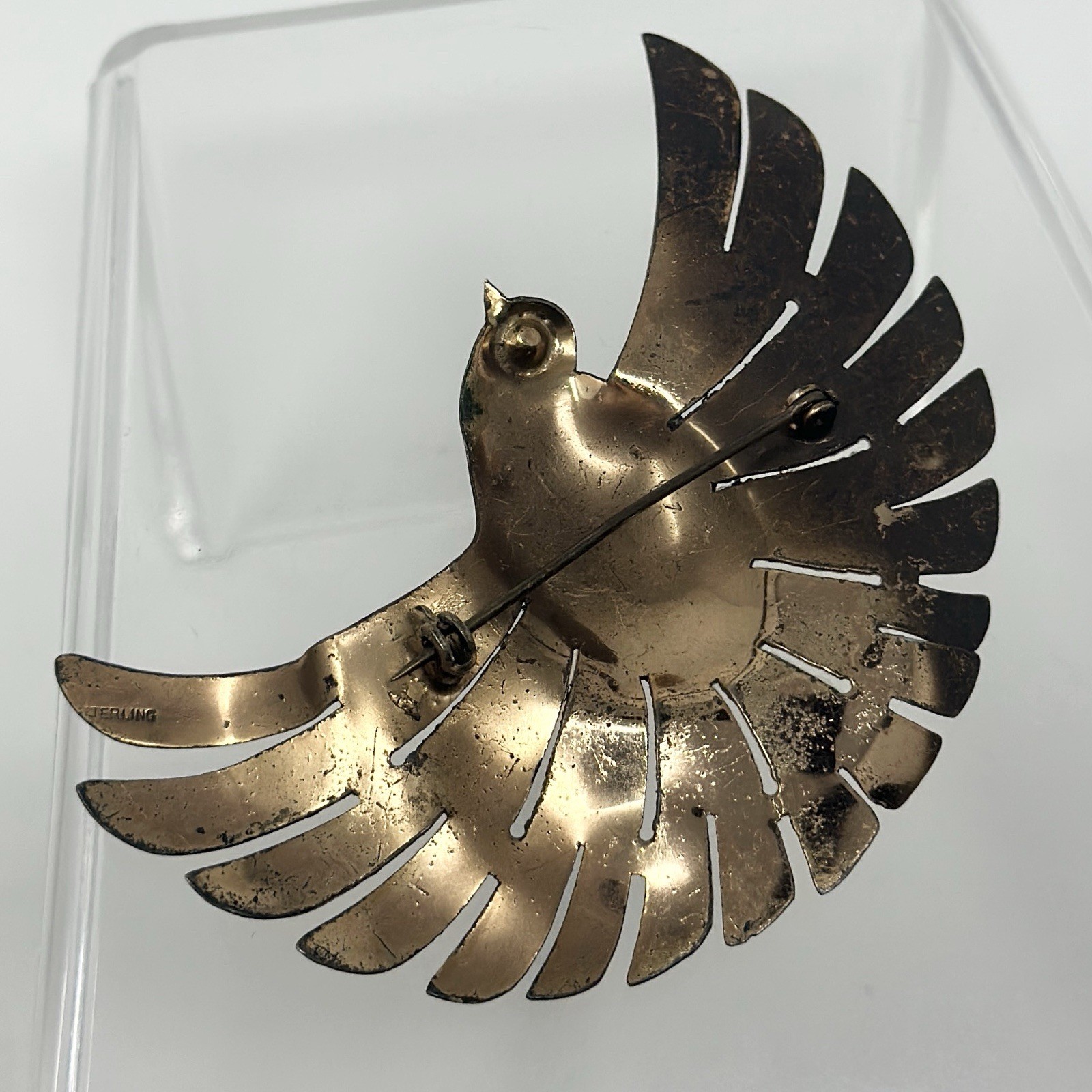 Vintage Rose Gold Vermeil Sterling Silver Flying Bird Yellow Eye Brooch Pin 3”