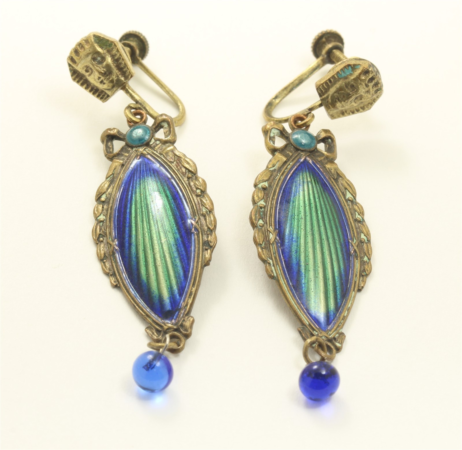 Vintage Art Deco Egyptian Revival Czech Enamel Pharaoh Dangle Screwback Earrings