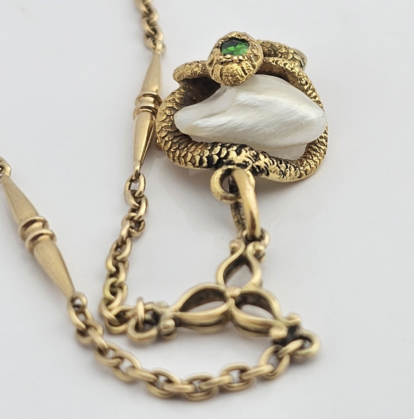 14K Gold Art Nouveau Demantoid Garnet Pearl Snake Serpent Necklace Antique 22in