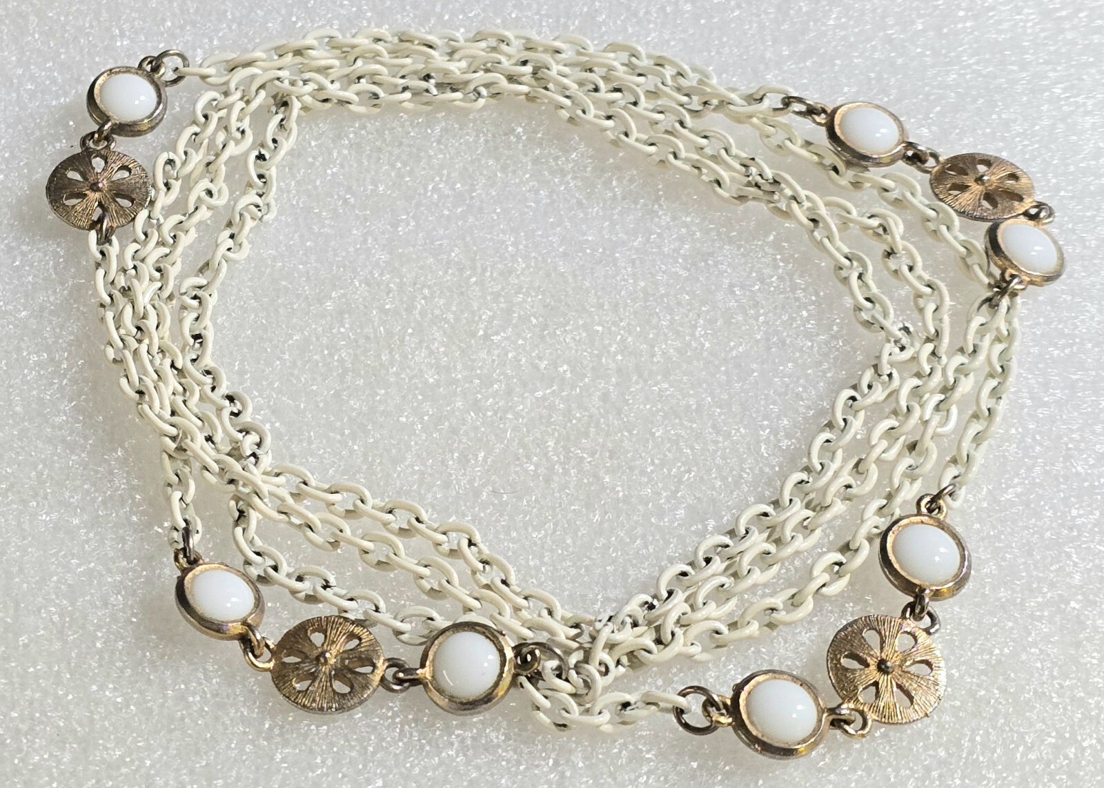 Vintage White Enamel Chain Bezel Set Cabs 32″ Long Necklace
