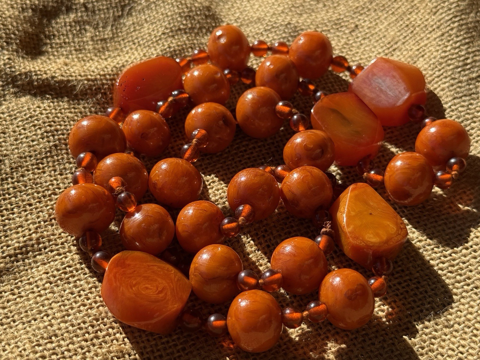 Vintage 100g Cherry Orange Catalin Bakelite Art Deco Mixed Bead Necklace 31”