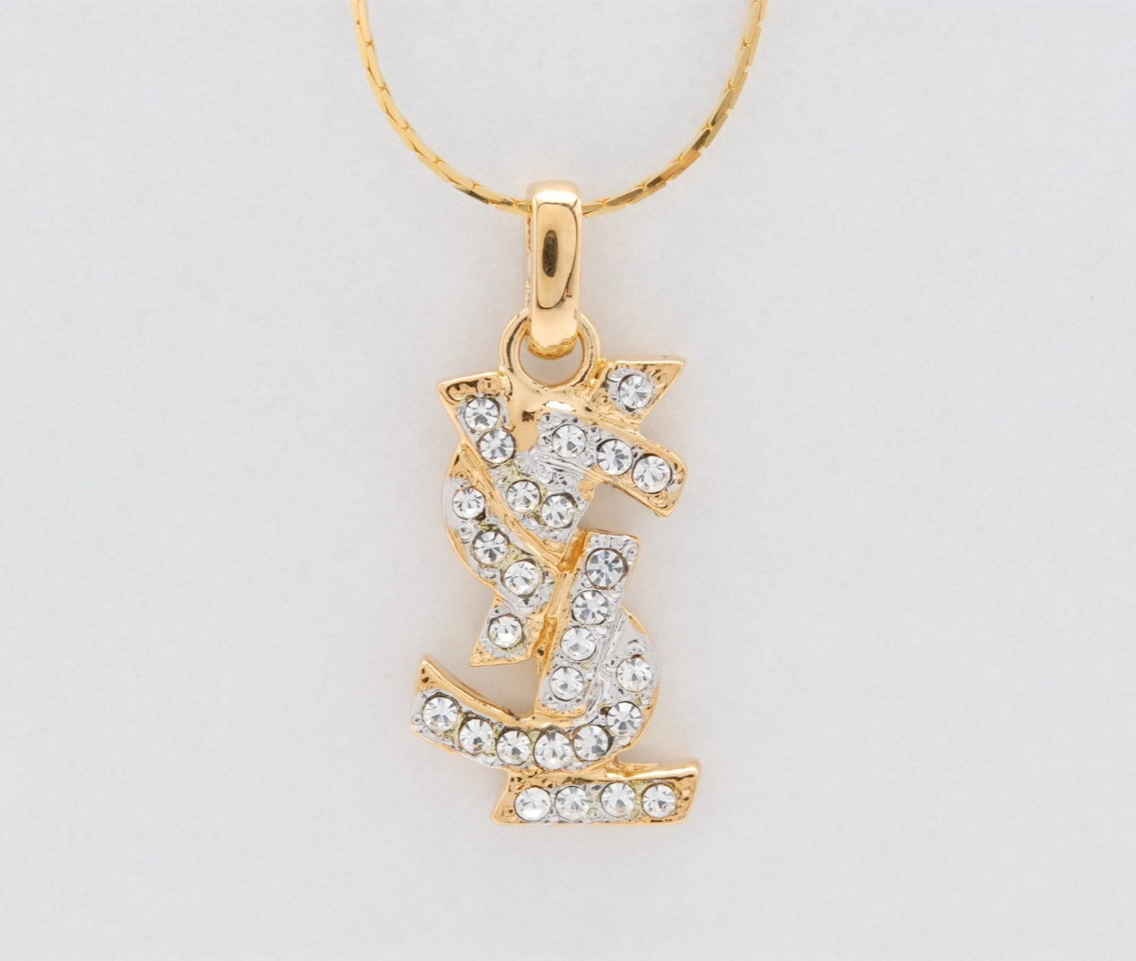 Yves Saint Laurent Vintage YSL Rhinestone Pendant Necklace Gold Tone Adjustable