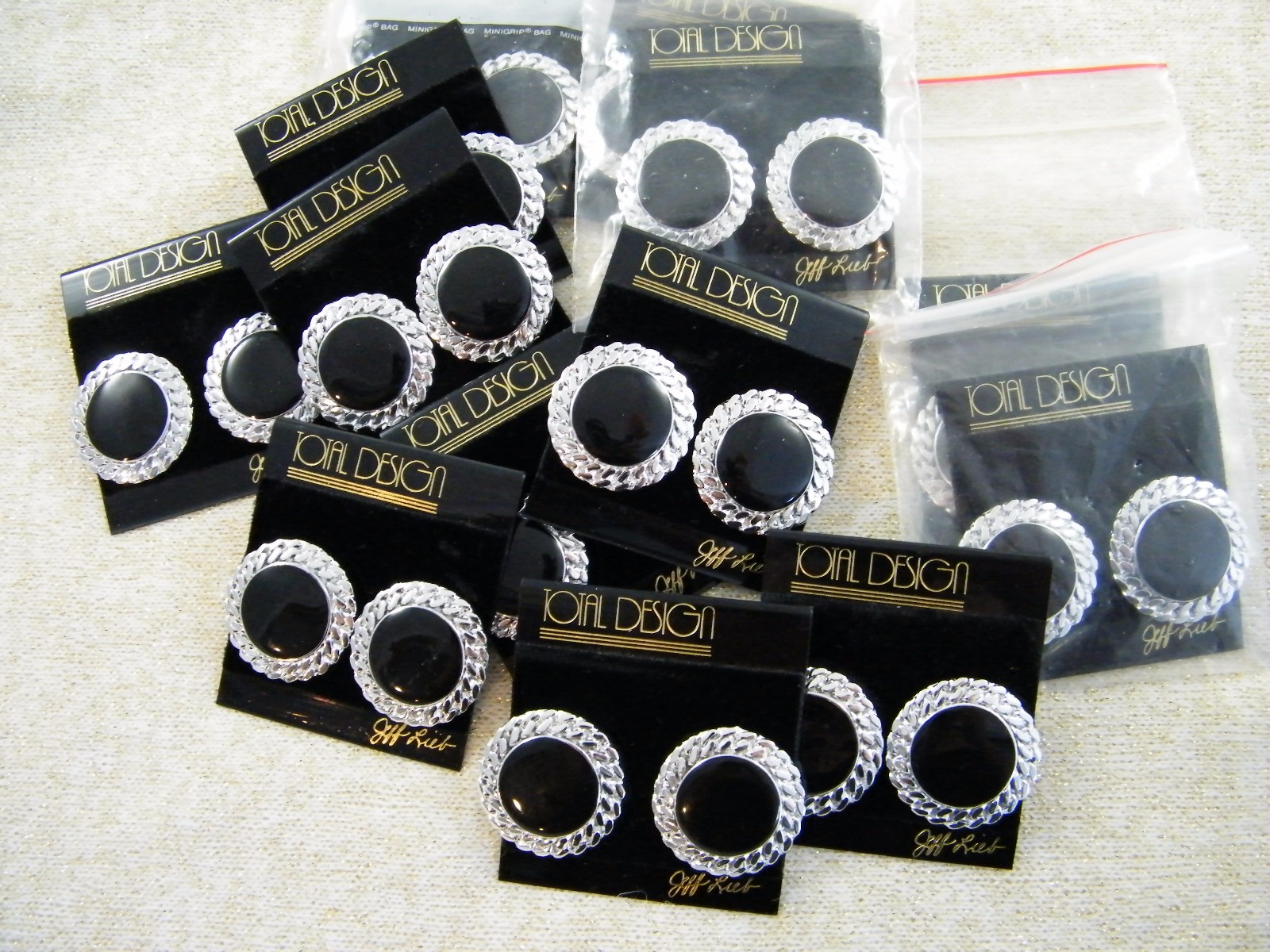 (13) NEW VINTAGE JEFF LIEB ~ SILVER TONE / BLACK ENAMEL ~ CLIP EARRINGS