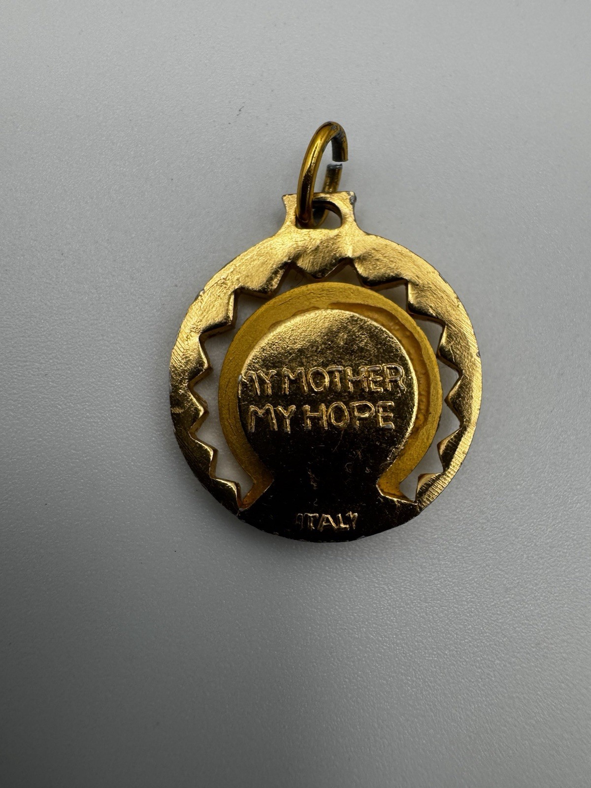Vintage 1970s Italian Gold Plated Madonna Pendant My Mother My Hope Openwork